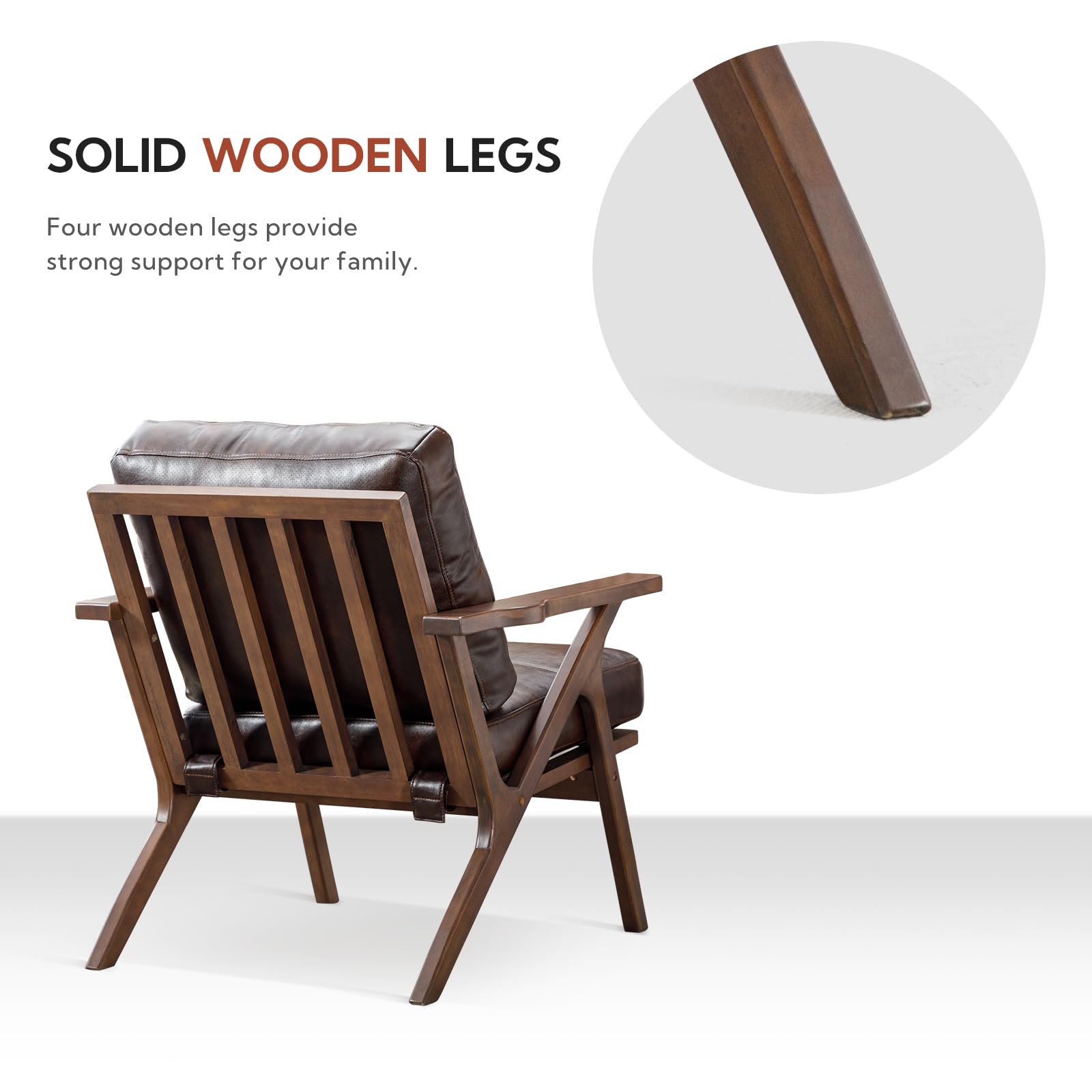 Bonzy Home PU Leather Small Accent Chair - Mid Century Modern Comfy Armchair with Solid Wood Frame & Removable Cushions - Retro Leisure Reading Chair for Living Room, Bedroom, Office & Dorm - Perfect for Relaxing, Reading & Decorating