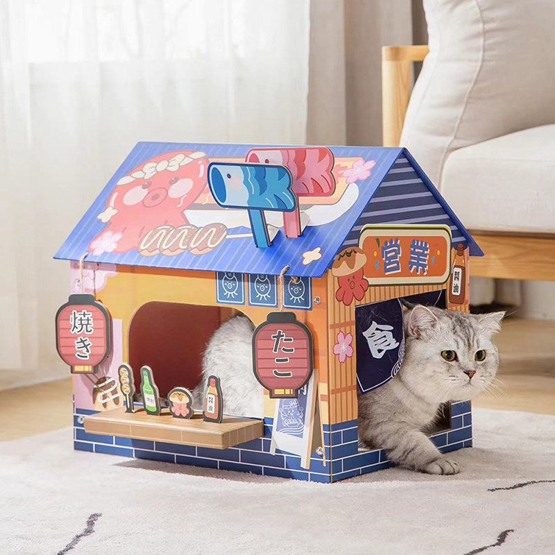 Premium Japanese Izakaya Style Cat Scratcher House - Natural Sisal & Wood Cat Tree with Perch - Perfect for Indoor Cats Play, Lounge & Scratch (Multi-Level Cat Furniture for Home & Office)