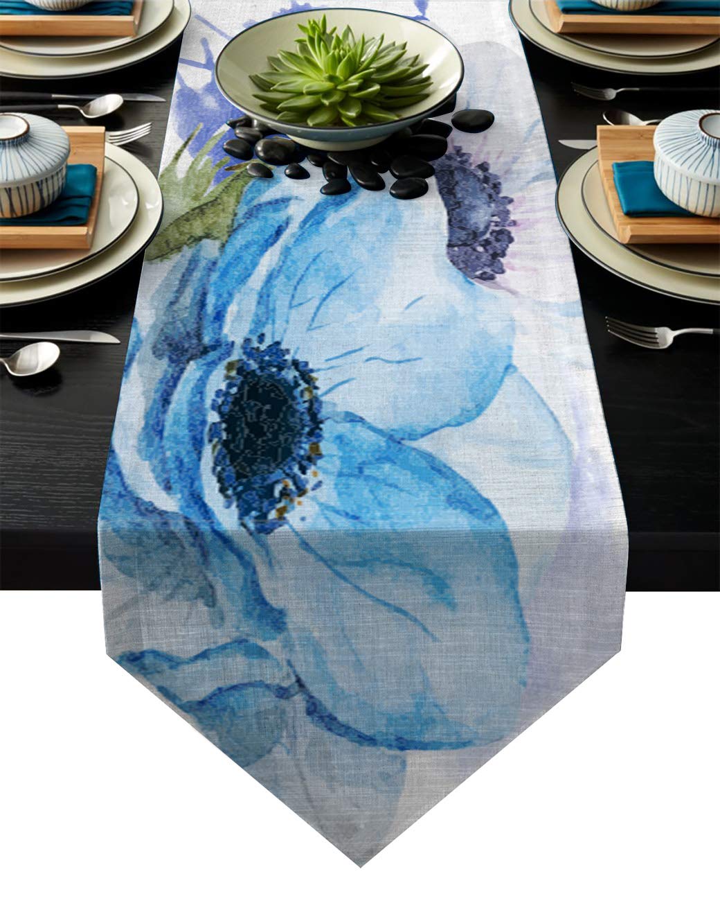 Blue Sea Anemone Burlap Table Runner - 13x70 Inch Natural Linen Table Cover for Dining Table, Coffee Bar, Wedding & Party Decor - Indoor/Outdoor Rustic Home Decor for Everyday Use & Special Occasions