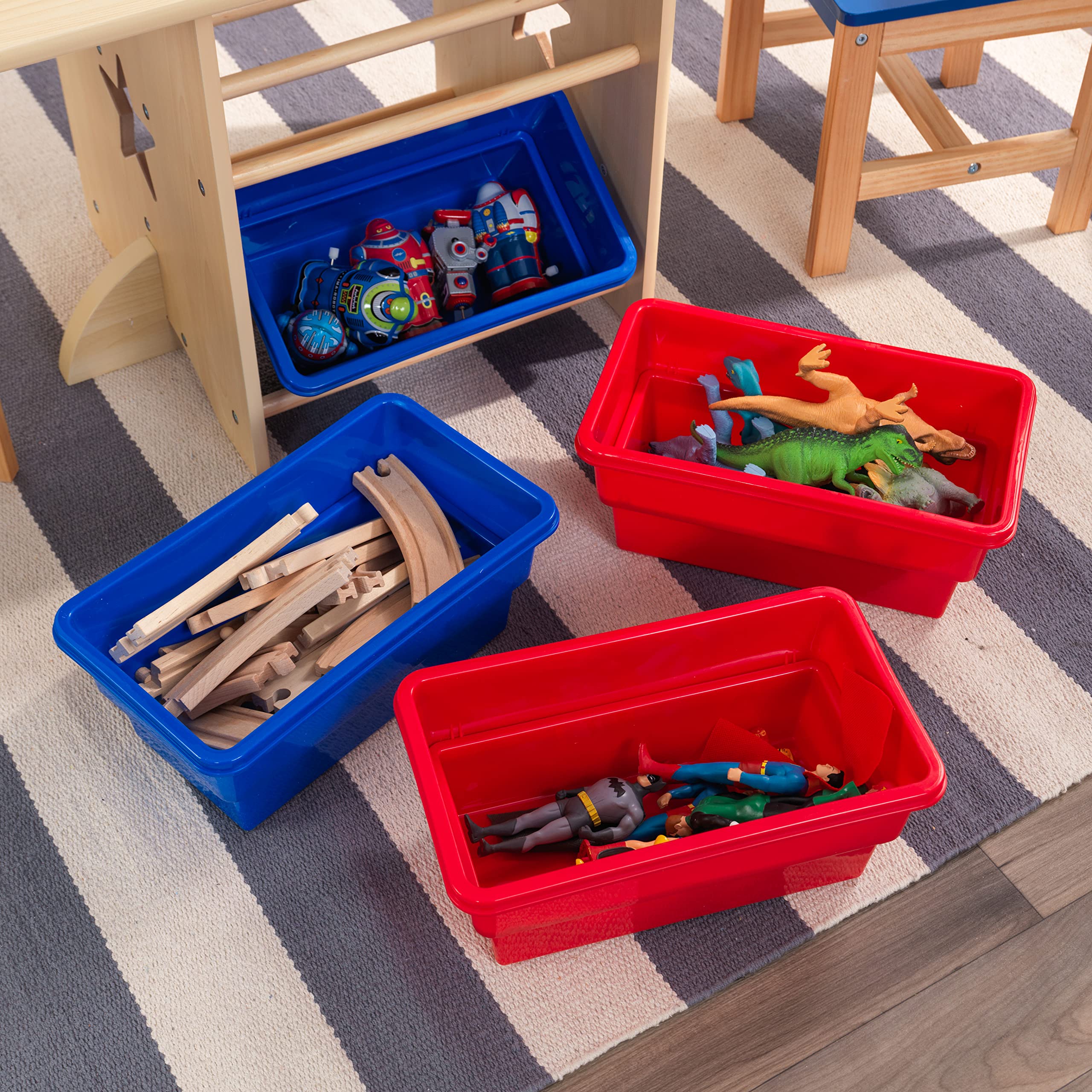 KidKraft Wooden Star Table & Chair Set with 4 Storage Bins - Kids Study Desk & Play Table for Toddlers, Red, Blue & Natural - Perfect for Preschool Learning, Arts & Crafts, and Playroom Activities