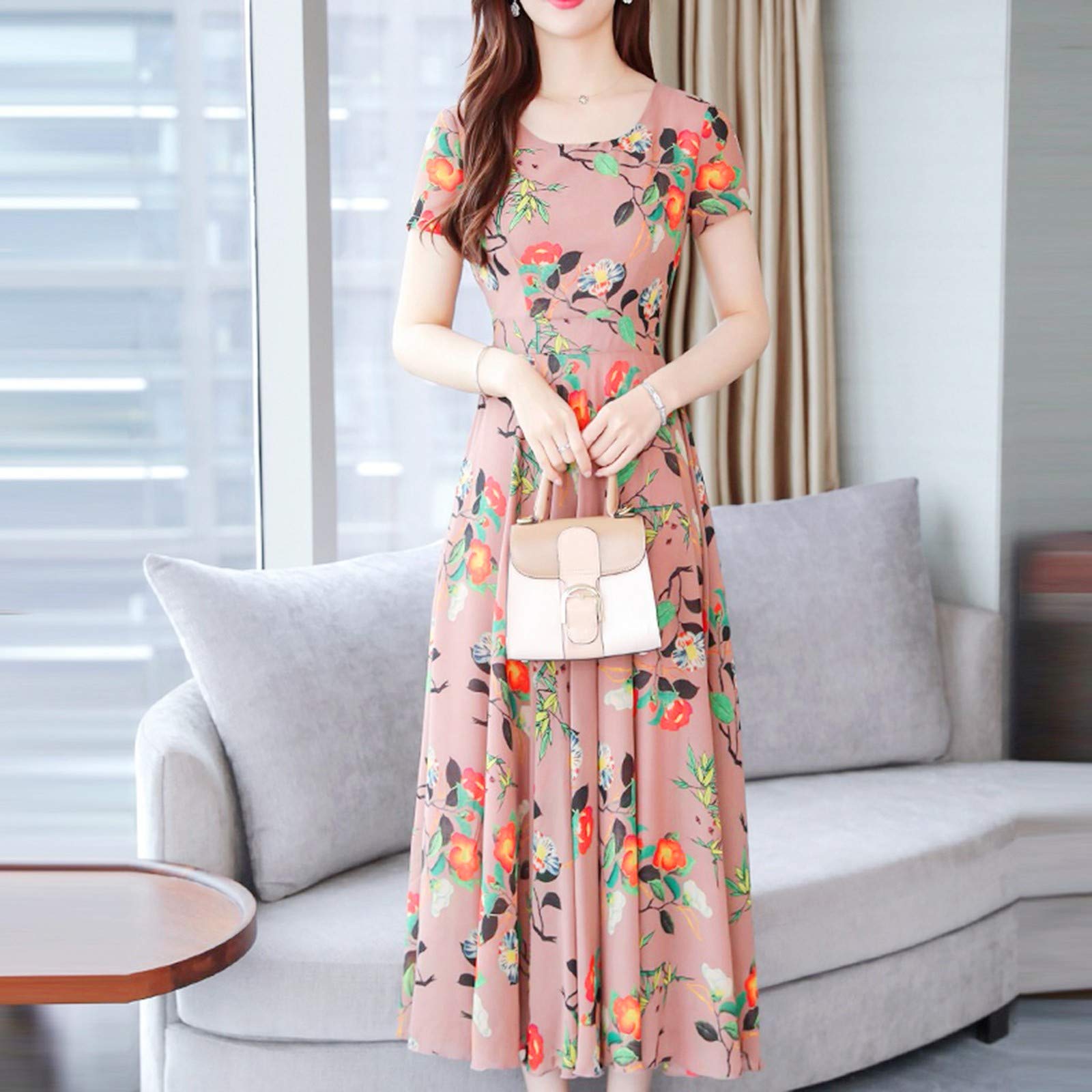 Women's Summer Beach Dress - Floral Print Short Sleeve Midi Dress for Cocktail Party, Vacation & Casual Wear (Pink, Size M) | Perfect for Beach Outings, Summer Travel & Date Nights