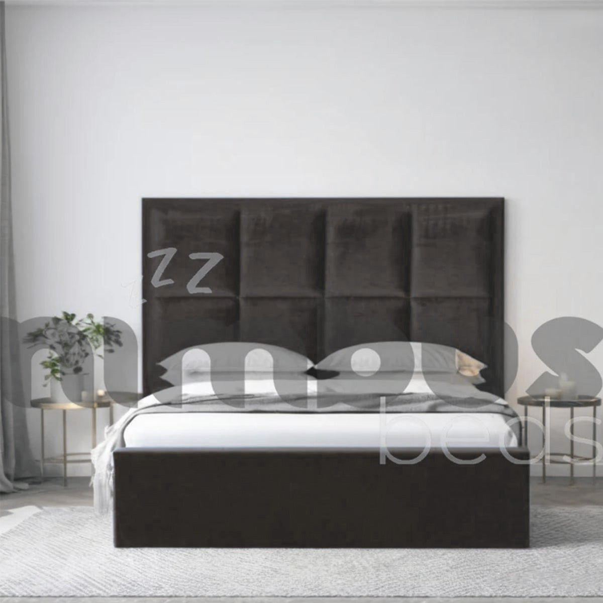 8 Square Panel Bed Frame - Queen Size Wooden Platform Bed with Upholstered Headboard - Perfect for Modern Bedrooms & Guest Rooms