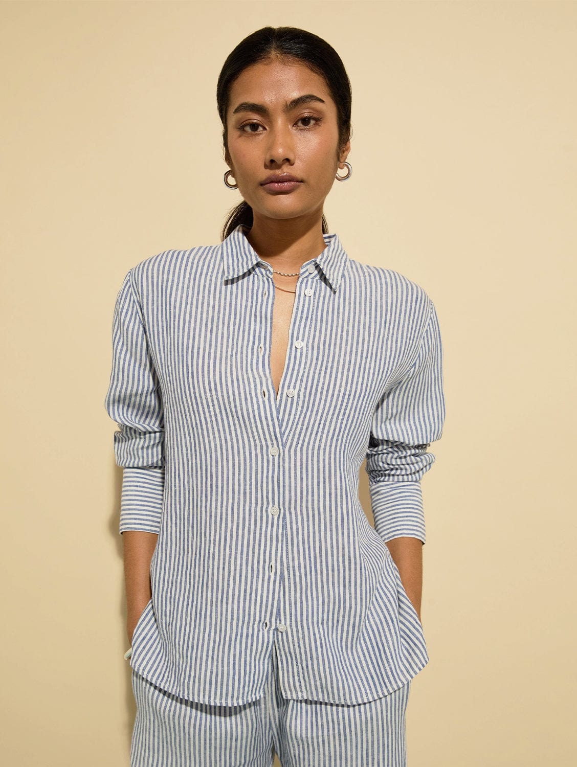 Muriel Linen Shirt for Women - Breathable Indigo Stripe Button Down Top | Perfect for Summer, Beach, Office & Casual Wear