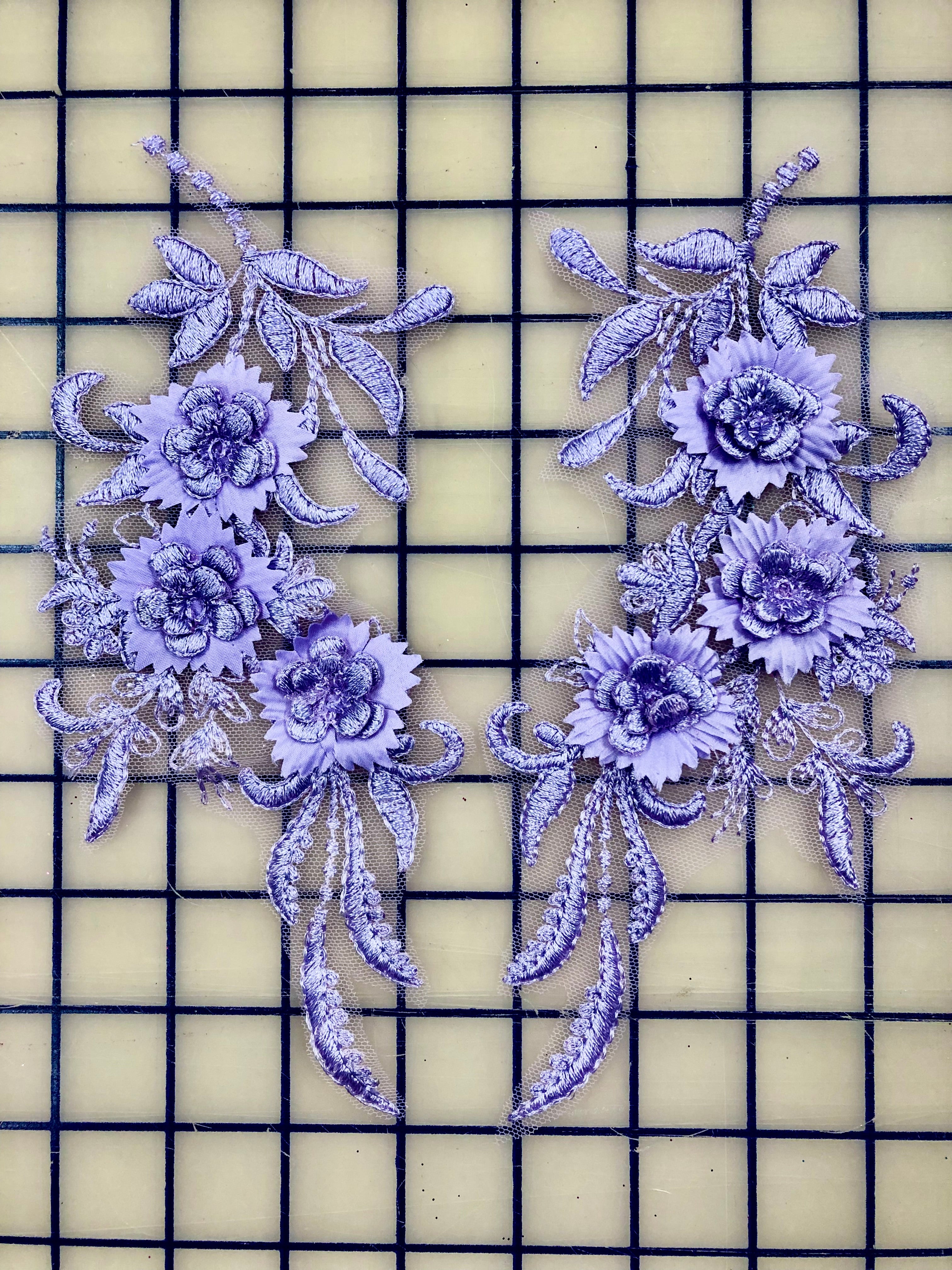 3D Lace Applique Lavender Pairs - Elegant Floral Embellishment for DIY Crafts, Wedding Decor, and Costume Design