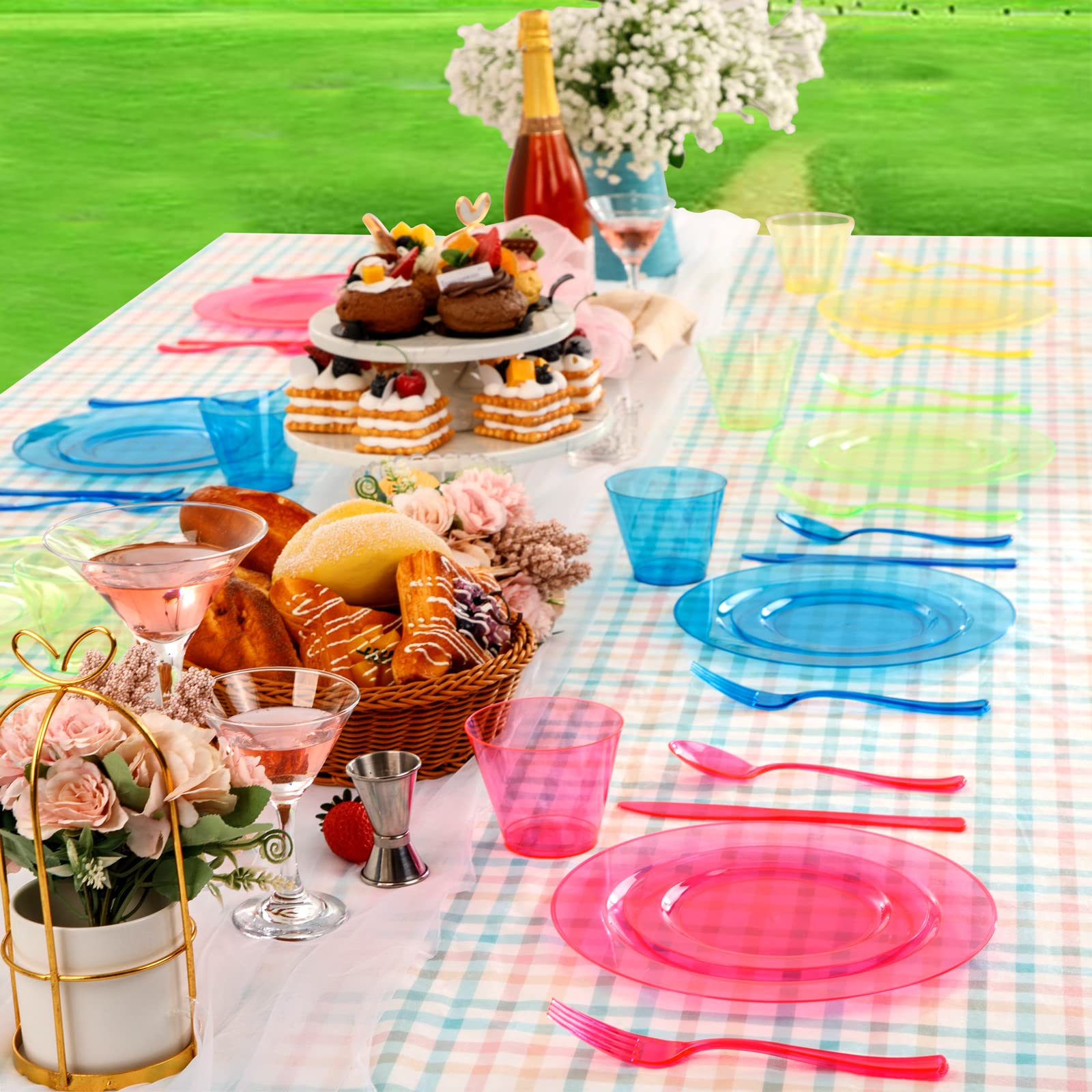 Supernal 216-Piece Neon Party Supplies Set - Disposable Hard Plastic Plates, Cups, Cutlery (Forks, Knives, Spoons) in Vibrant Neon Pink, Blue, Green & Yellow - Perfect for Birthday Parties, Halloween Celebrations, Rave Events & Glow-in-the-Dark Themed Gatherings