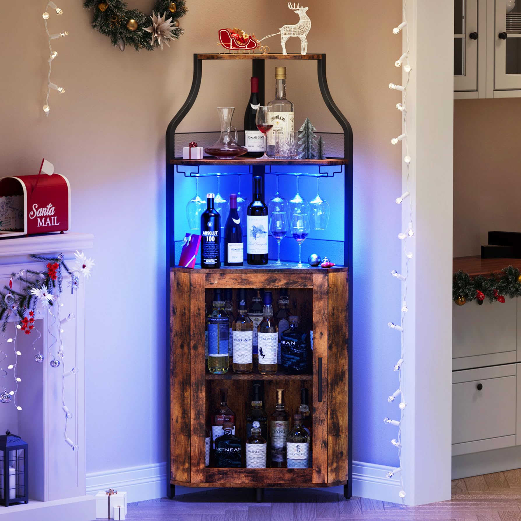 5-Tier Industrial Wine Cabinet with LED Lights & Glass Holder - Adjustable Shelf, Mesh Door - Rustic Brown Home Bar Cabinet for Living Room, Dining Room & Kitchen Decor