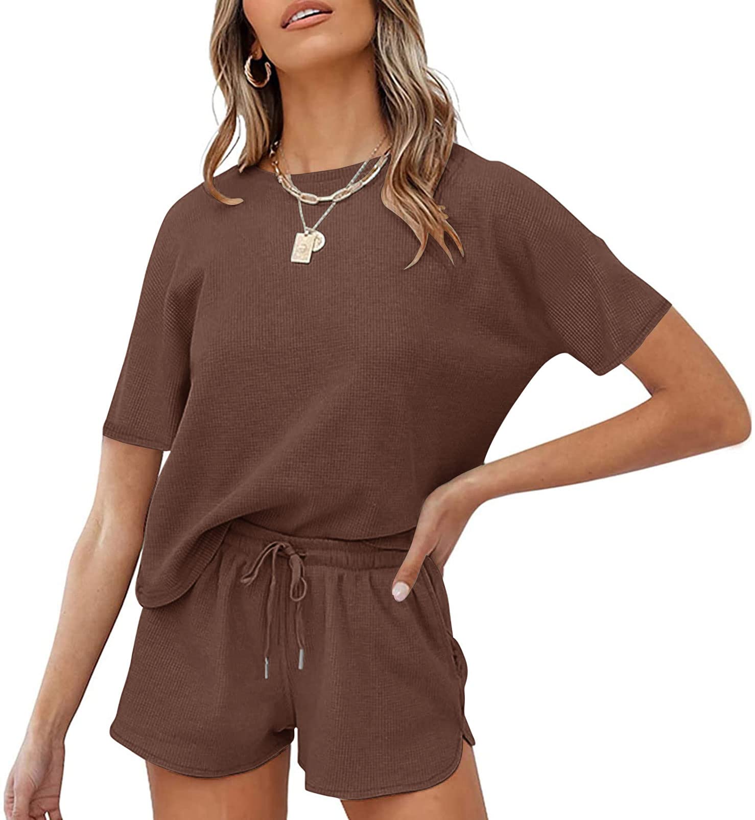 MEROKEETY Women's Short Sleeve Waffle Pajama Set - Soft Lounge Top & Comfy Shorts 2-Piece Sleepwear for Nightwear, Loungewear & Cozy Home Outfits