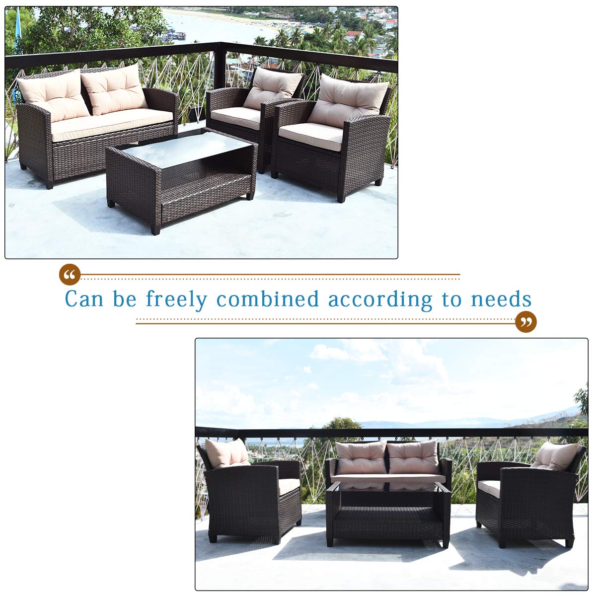 Tangkula 4-Piece Outdoor Patio Furniture Set - Rattan Wicker Chair Set with 1 Loveseat, 2 Single Sofas & Tempered Glass Coffee Table - Perfect for Backyard, Porch, Garden, Poolside & Outdoor Entertaining