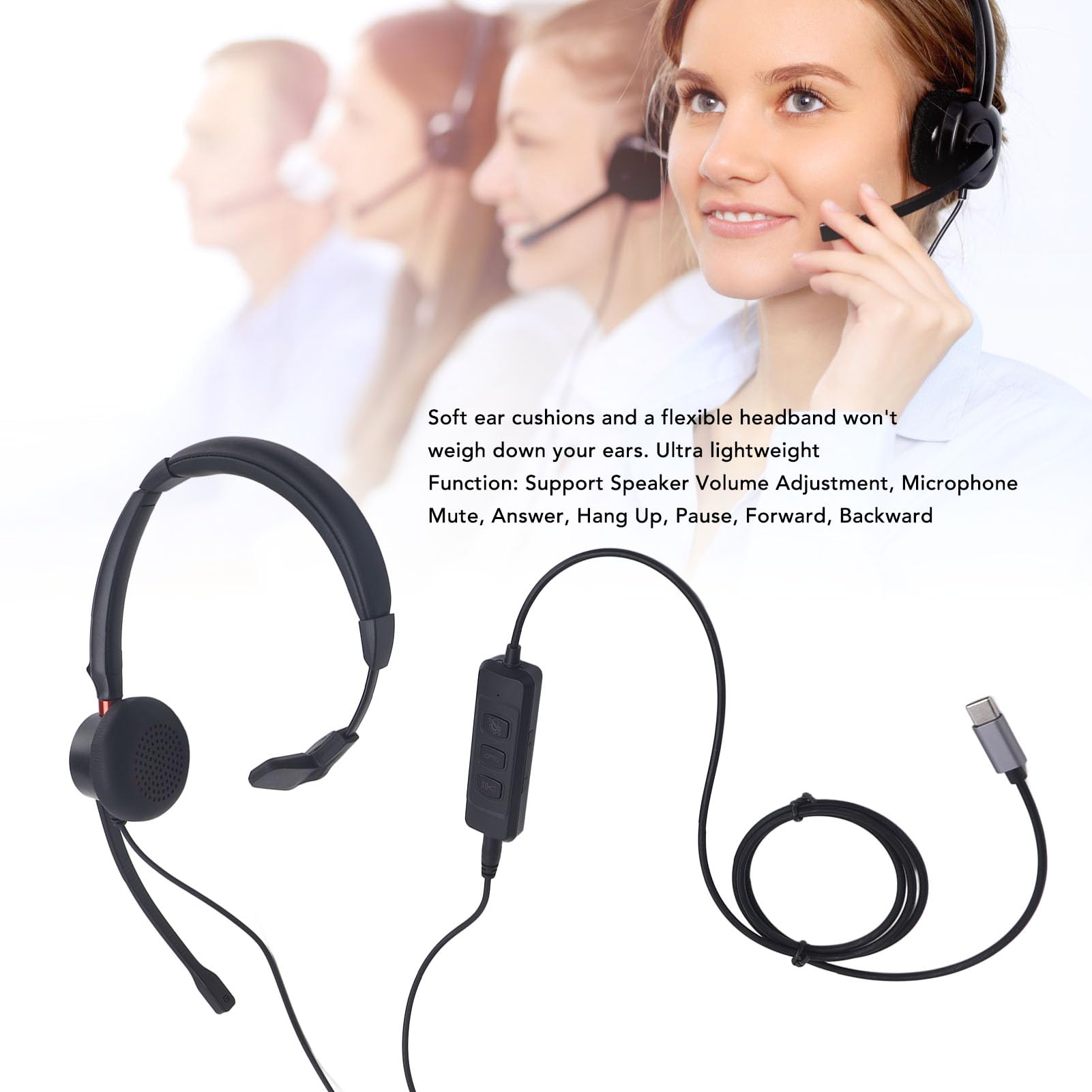 Single Ear Headset with Built-in Microphone - Lightweight & Comfortable USB-C/USB/3.5mm Headphones for PC, Laptop, Smartphone & Tablet - Perfect for Home Office, Call Centers & Teleconferencing