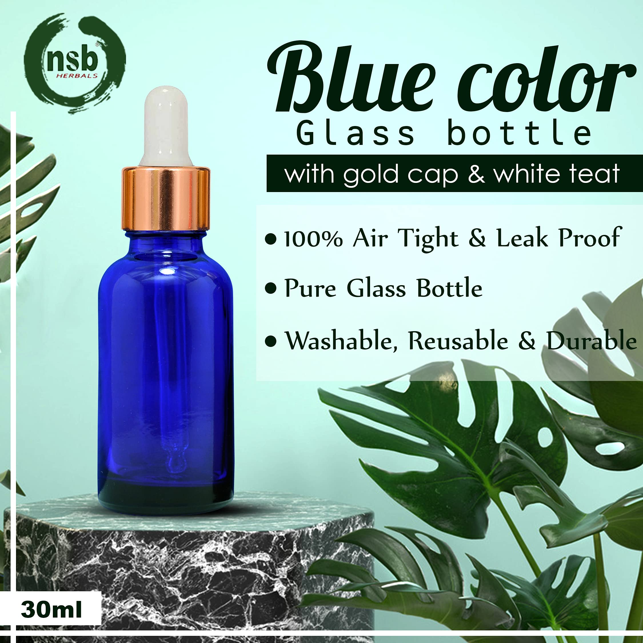 NSB Herbals 30ml Blue Round Empty Glass Bottle with Glass Dropper, Gold Ring & White Silicone Teat - Refillable, Leak Proof for Essential Oils, Perfumes, DIY Beauty (Pack of 3) - Perfect for Travel, Home Use & Gift Giving
