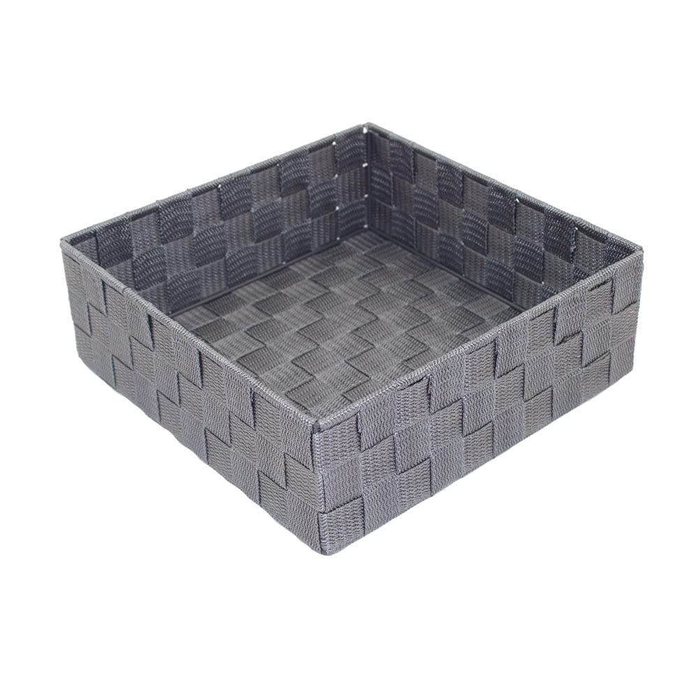 Durable Metal Frame Woven Storage Baskets Set of 4 - Handmade Ribbon Woven Organizer Bins for Home Office & Bathroom Organization (Gray) - Perfect for Shelves, Countertops & Closet Storage