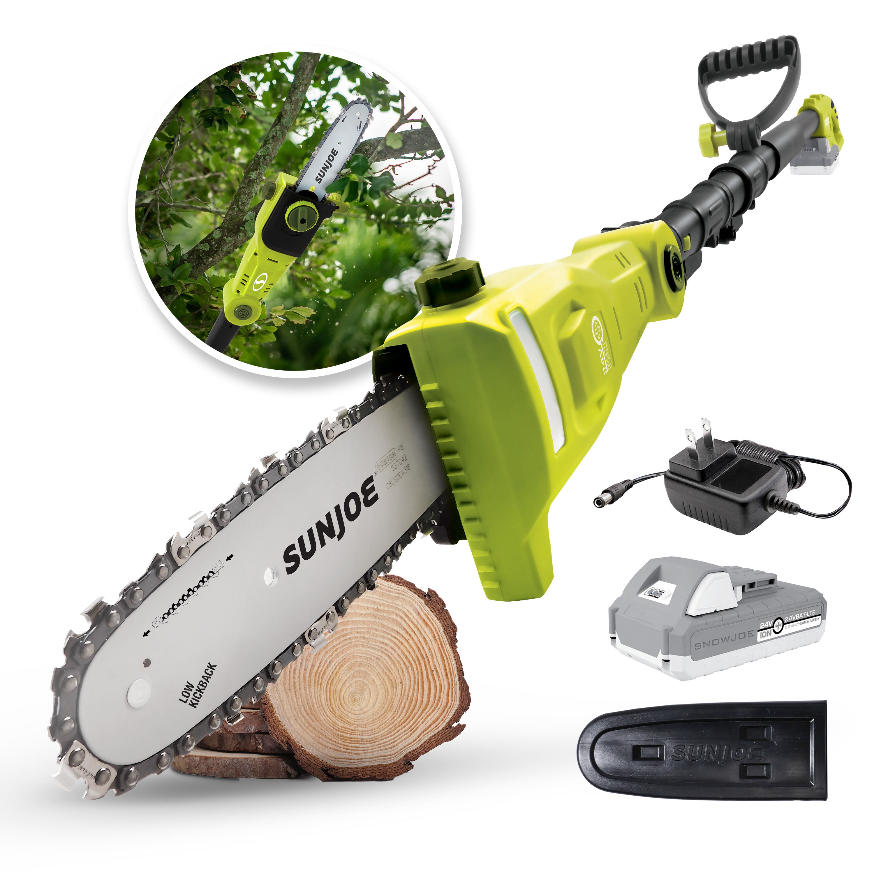 Sun Joe 24V PS8 LTE Cordless Telescoping Pole Chainsaw Kit - 8 Inch Battery-Powered Chainsaw with 2.0Ah Lithium-Ion Battery & Charger | Perfect for Tree Trimming, Pruning Branches & Yard Maintenance