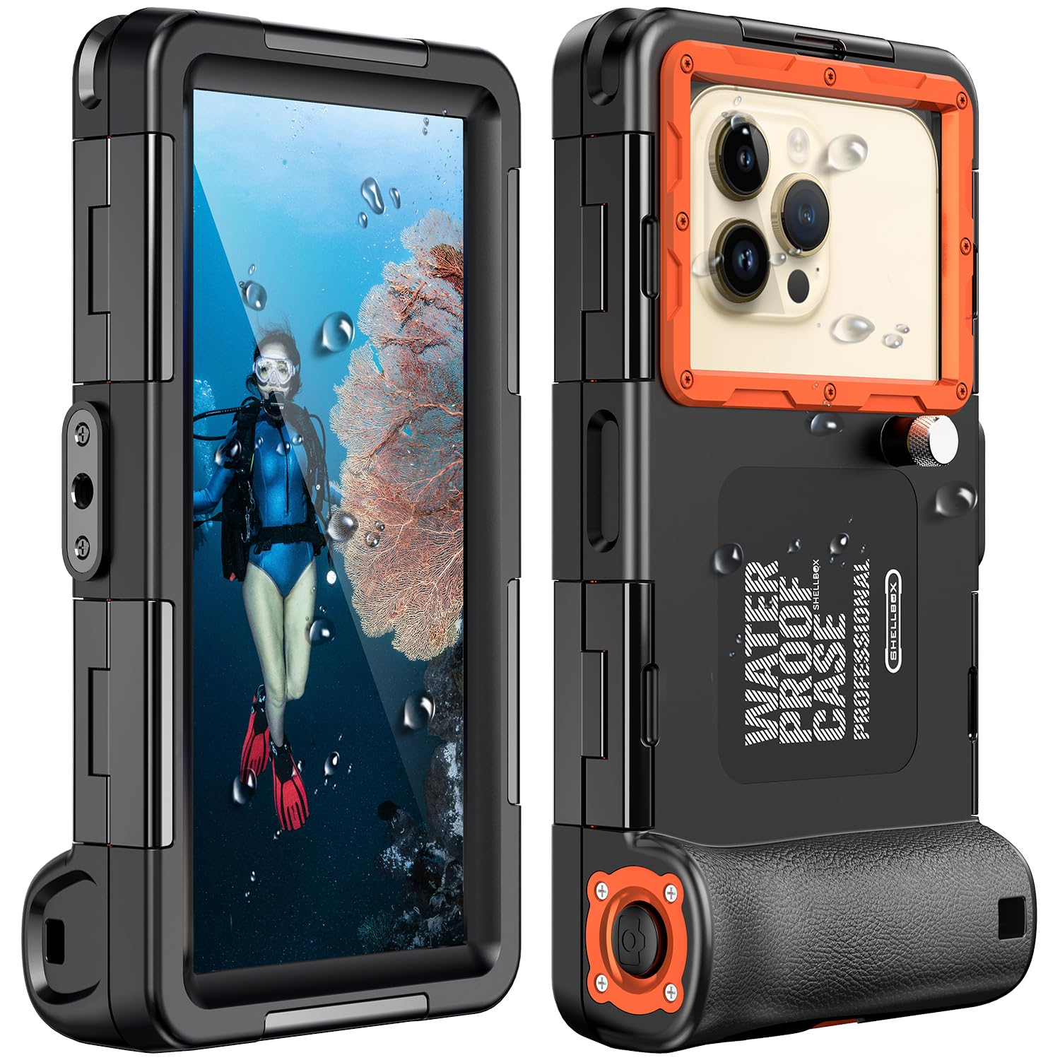 Waterproof Phone Case for iPhone 16/15/14/13/12/11 Pro Max & Samsung Galaxy S25/S24/S23/S22 - 50ft/15m Deep Underwater Diving Protection - Scuba Snorkeling Swimming Case with Camera Access (Black/Orange) - Perfect for Beach Vacations, Pool Parties & Underwater Photography