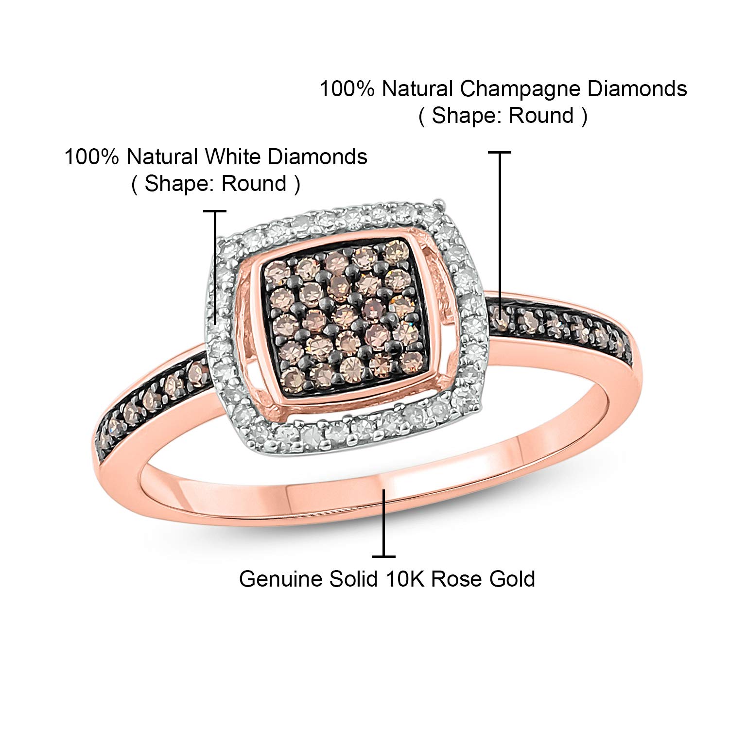 10K Rose Gold 1/4 Carat Round White & Natural Champagne Diamond Halo Ring for Women - Elegant Wedding, Engagement & Anniversary Jewelry Gift