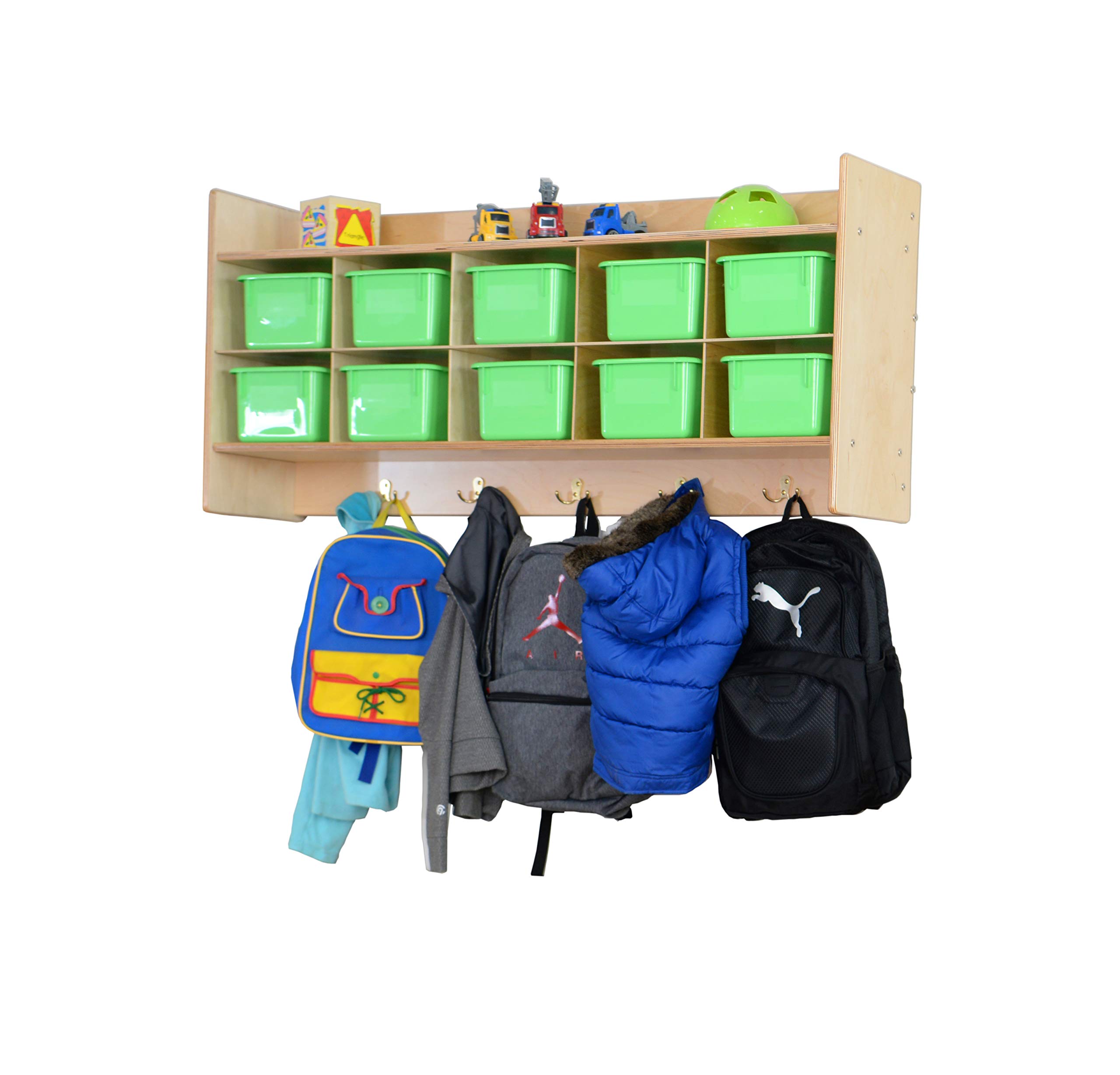 Contender 10-Section Wooden Cubbies Storage Shelf with Plastic Bins - Wall Mounted Organizer with Hooks for Kids Toys, Board Games & Craft Supplies - Greenguard Gold Certified - Perfect for Playrooms, Classrooms & Home Organization