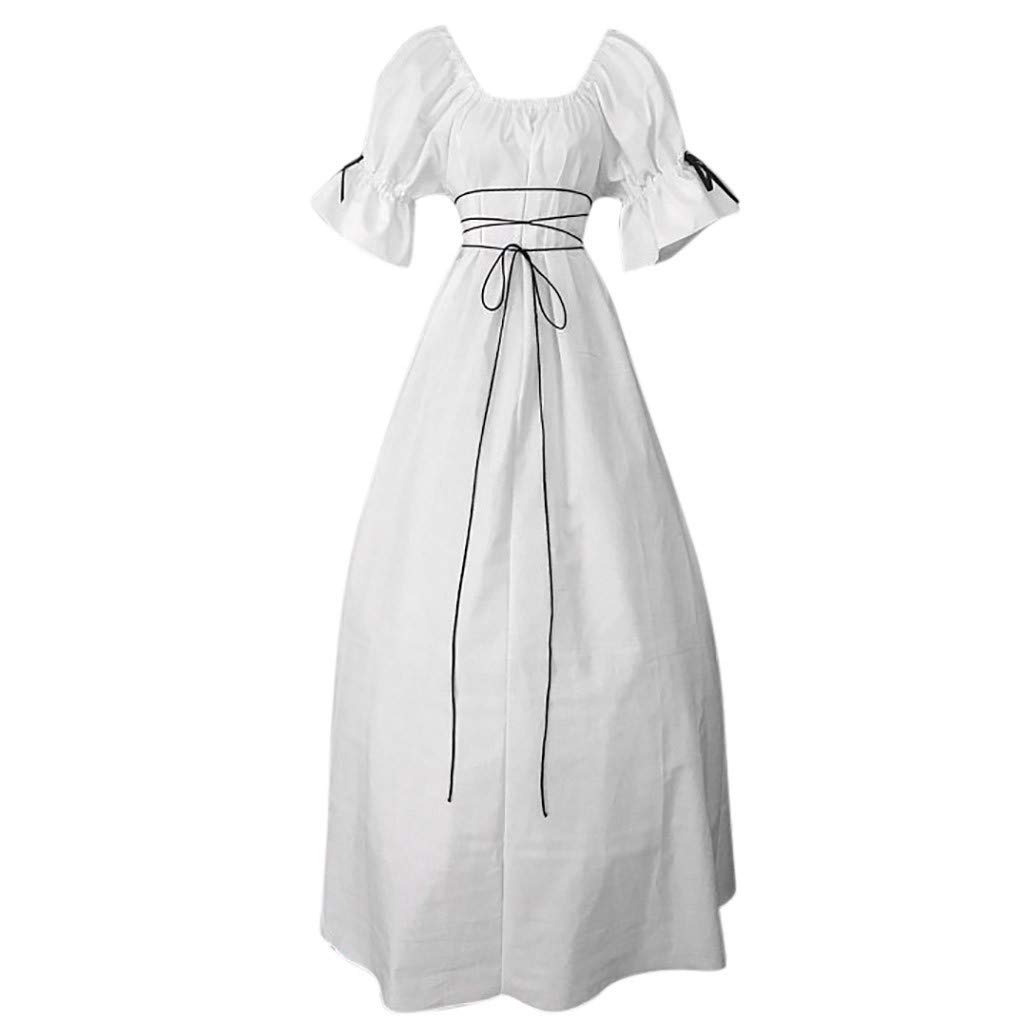 Vintage Striped Dress for Women - Short Petal Sleeve O-Neck Medieval Style Cosplay Costume White Summer Dress | Perfect for Renaissance Fairs, Themed Parties & Casual Summer Wear