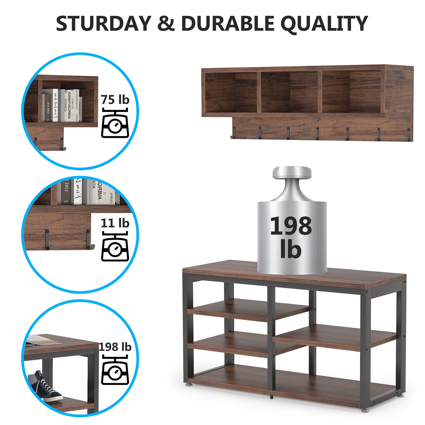5 in 1 Coat Rack Shoe Bench Set with Wall Mounted Shelf - Space Saving Entryway Organizer for Hats, Bags & Shoes | Perfect for Hallway, Mudroom or Foyer Decor