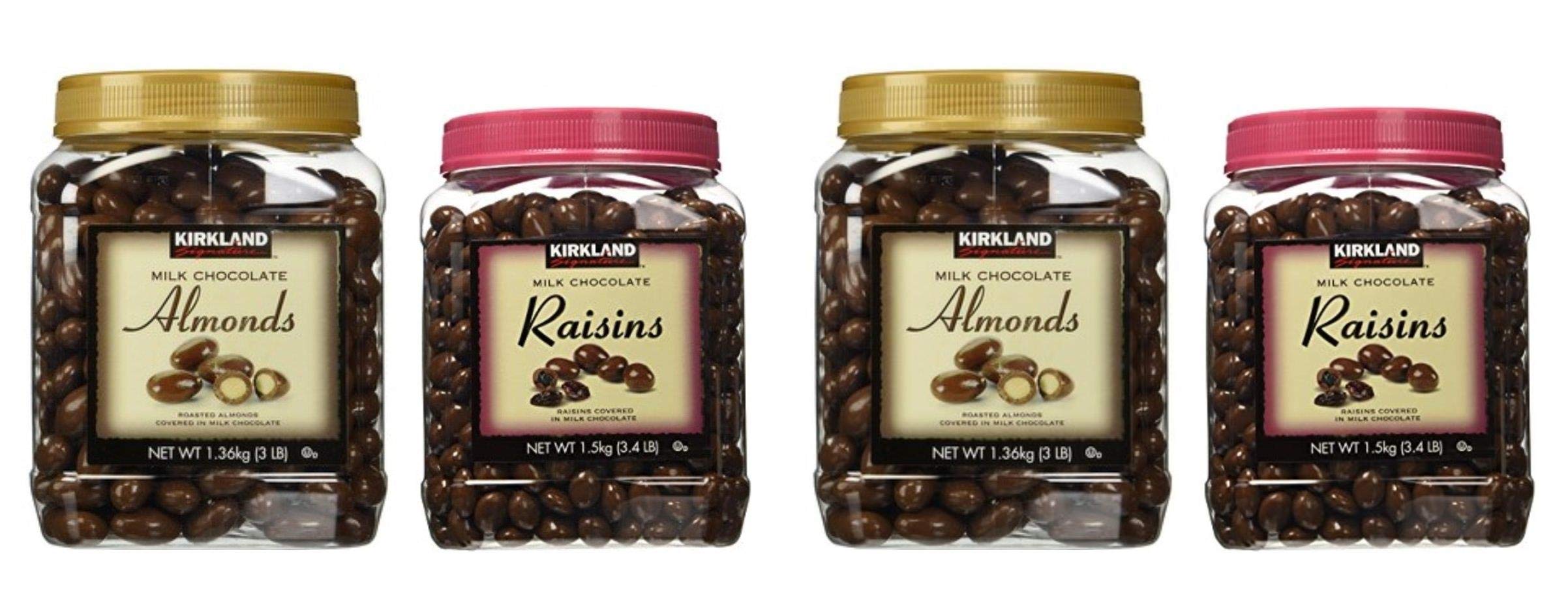 Kirkland Signature Milk Chocolate Roasted Almonds & Chocolate Raisin Bundle - 3.0 LB Almonds & 3.4 LB Raisins (Pack of 2) | Gourmet Snacks for Parties, Gifts & Healthy Desserts