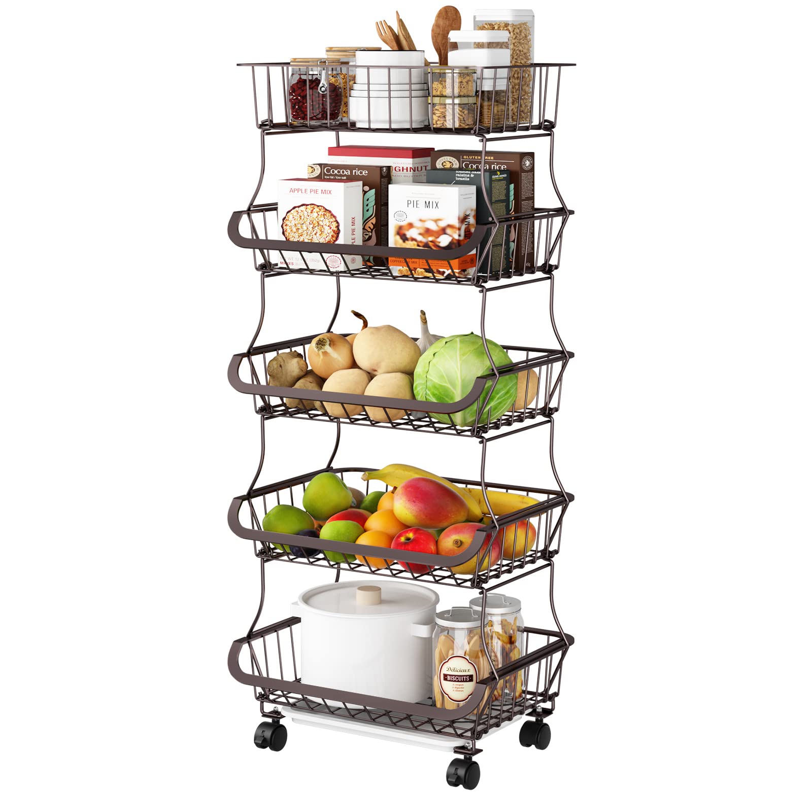 5-Tier Metal Wire Fruit Basket Cart with Wheels - Kitchen Storage Organizer for Fruits, Vegetables & More - Bronze Finish for Home, Office or Dorm Use