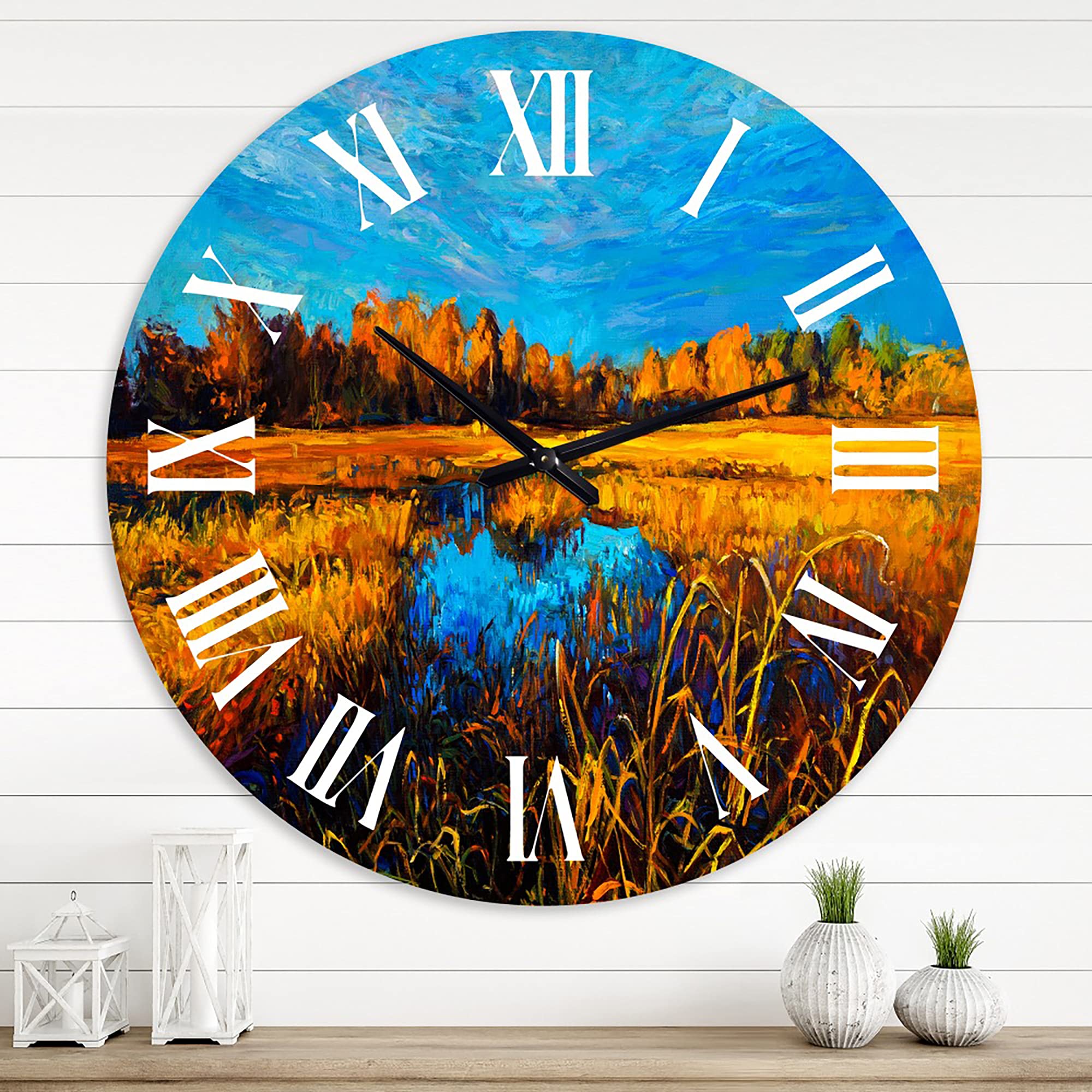 DesignQ Traditional Wall Clock - 'Orange Meadows Under A Light Blue Sky' Landscape Nature Art - Large Decorative Wall Clock for Living Room, Bedroom, Office - Perfect Home Decor Gift for Housewarming & Interior Design
