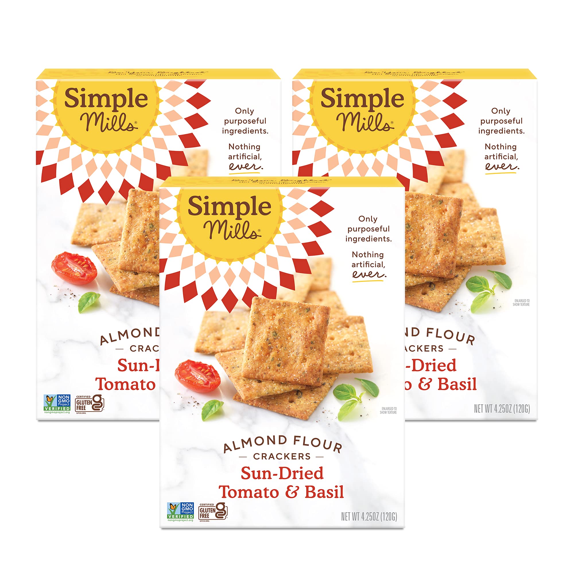 Simple Mills Almond Flour Crackers, Sun-Dried Tomato & Basil - Gluten Free, Vegan, Healthy Snacks, Plant Based, Non-GMO, 4.25 Oz (Pack of 3) - Perfect for Lunchboxes, Parties & Keto Diets