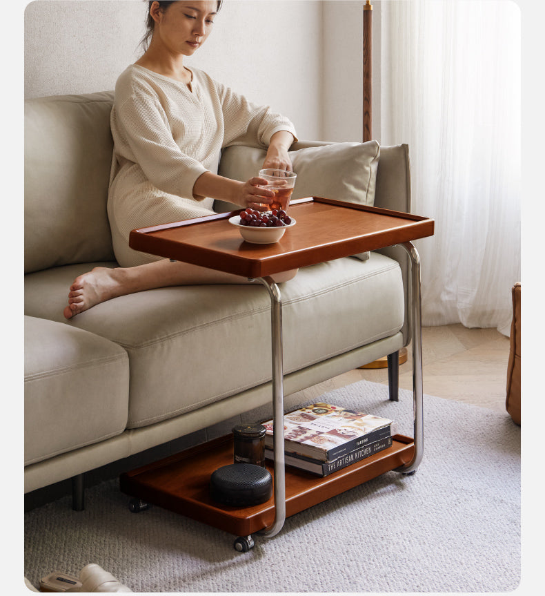 Modern Double Layer C-Shaped Mobile Side Table - Poplar Wood Nightstand for Bedroom, Living Room, Office - Portable End Table with Storage Shelf