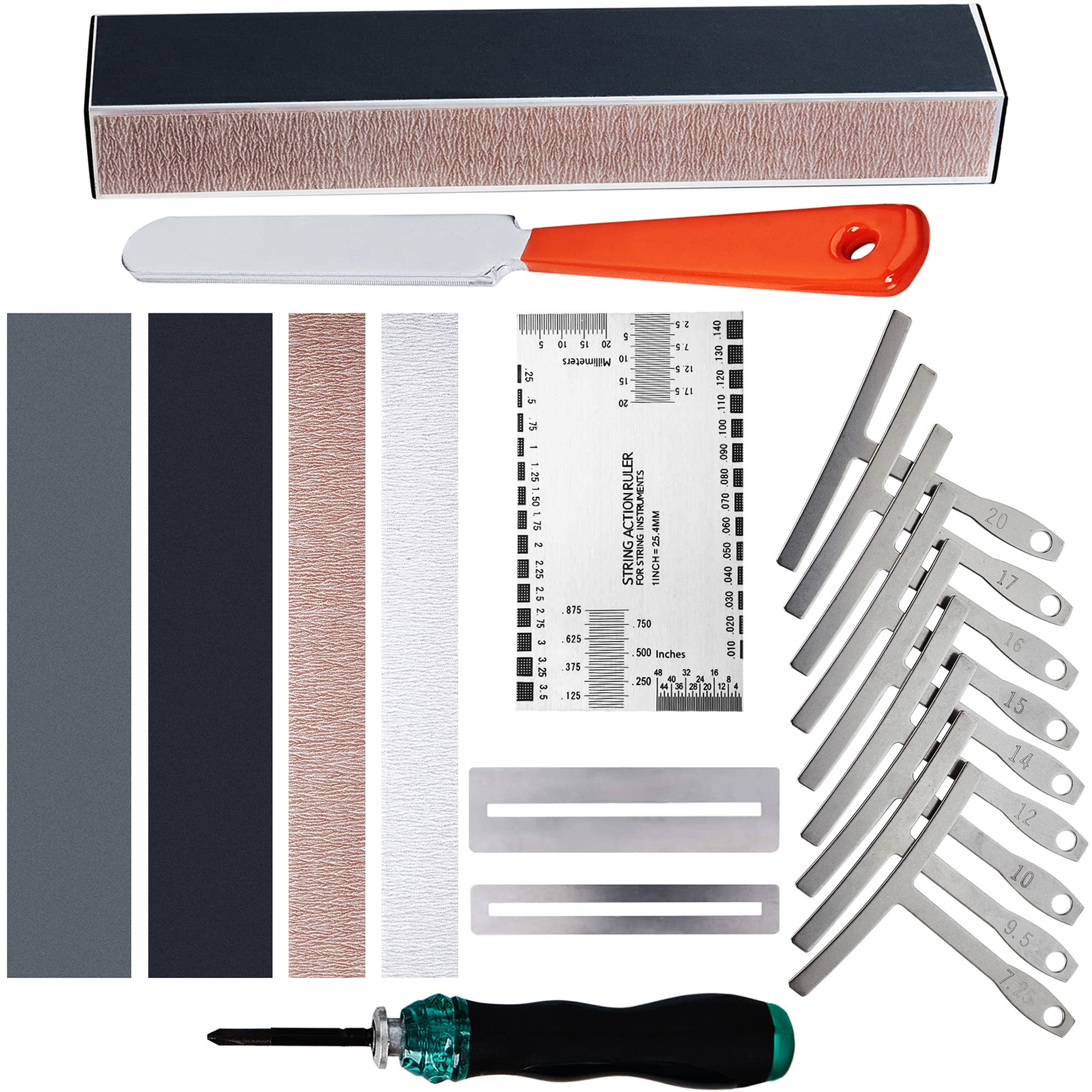 MIECOO 19PCS Professional Guitar Repair Tool Kit - Includes 8 Inch Fret Leveling Beam, 9 Understring Radius Gauge, Fret Crowning File, String Action Ruler, Fretboard Guard, Screwdriver & Sandpapers | Perfect for Guitar Maintenance, Setup & DIY Repairs at Home or Studio