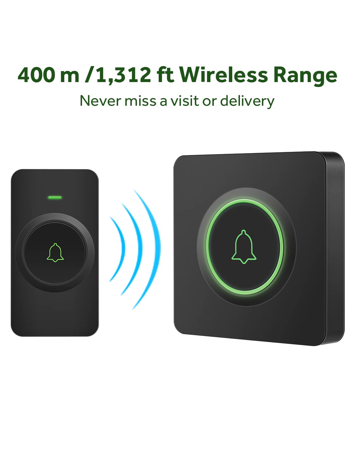 AVANTEK Wireless Doorbell Kit - 1300ft Long Range, Waterproof, 2 Buttons, 56 Chimes & 5 Volume Levels - Perfect for Homes, Apartments, Offices & Gated Communities