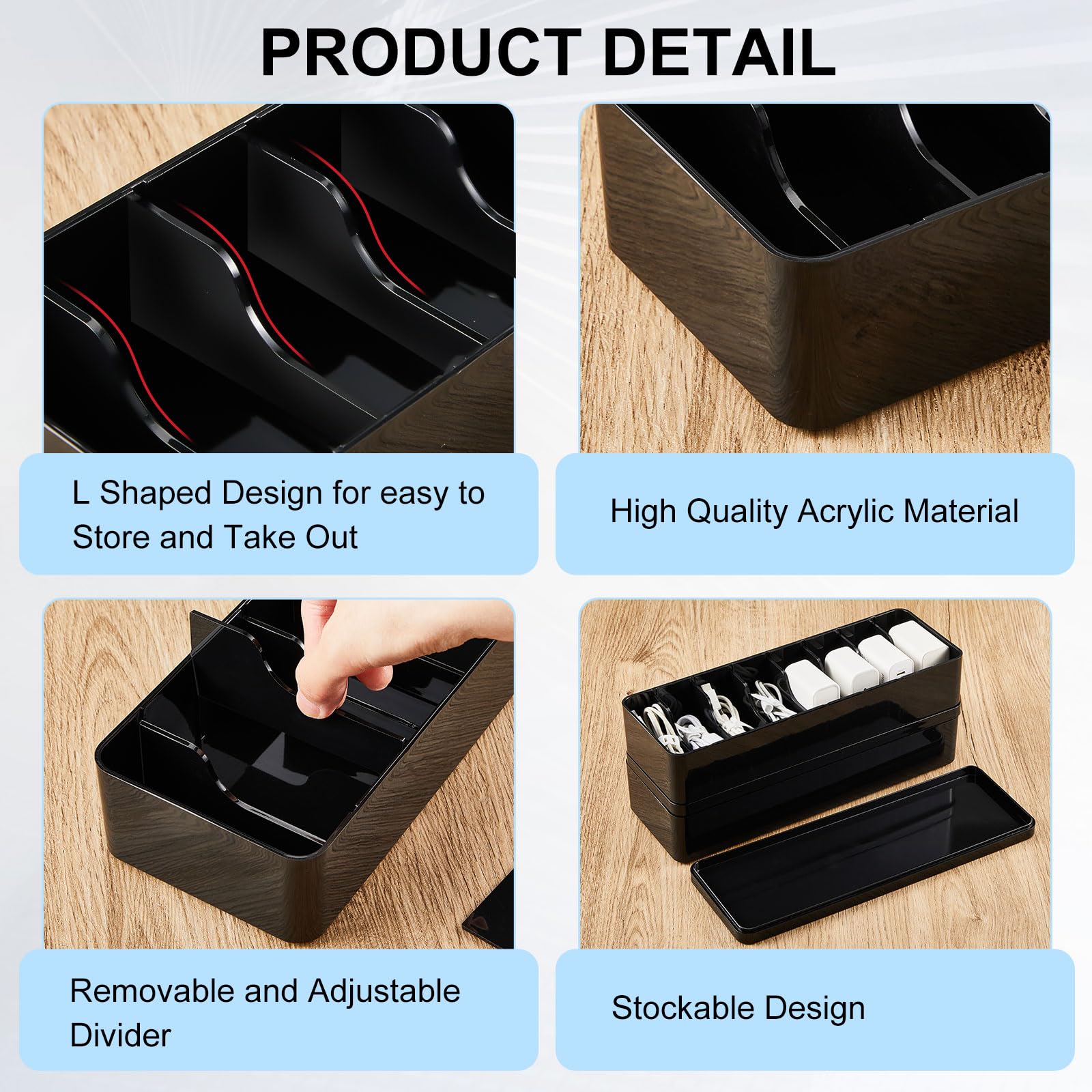 Tatuo 2-Pack Cable Organizer Set with 20 Wire Ties - Black Plastic Cord Storage Box with Lid for Home & Office Desk Organization - Perfect for Managing Computer Wires, Chargers & Electronic Cables