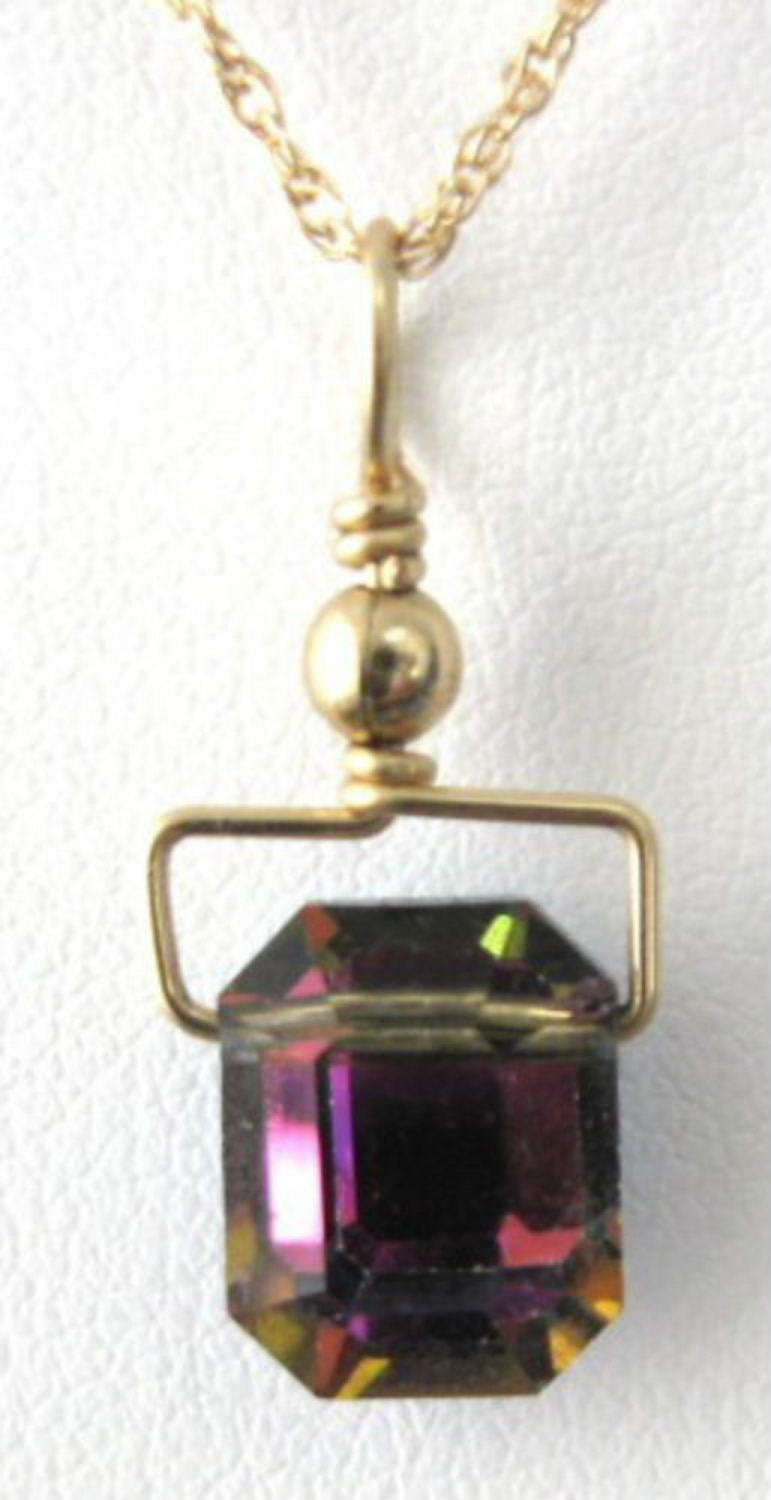 Iridescent Austrian Crystal Pendant Necklace - Emerald Cut Blue & Pink Gemstone Jewelry with Gold-Filled Chain | Vintage 1980s Style for Evening Wear & Special Occasions