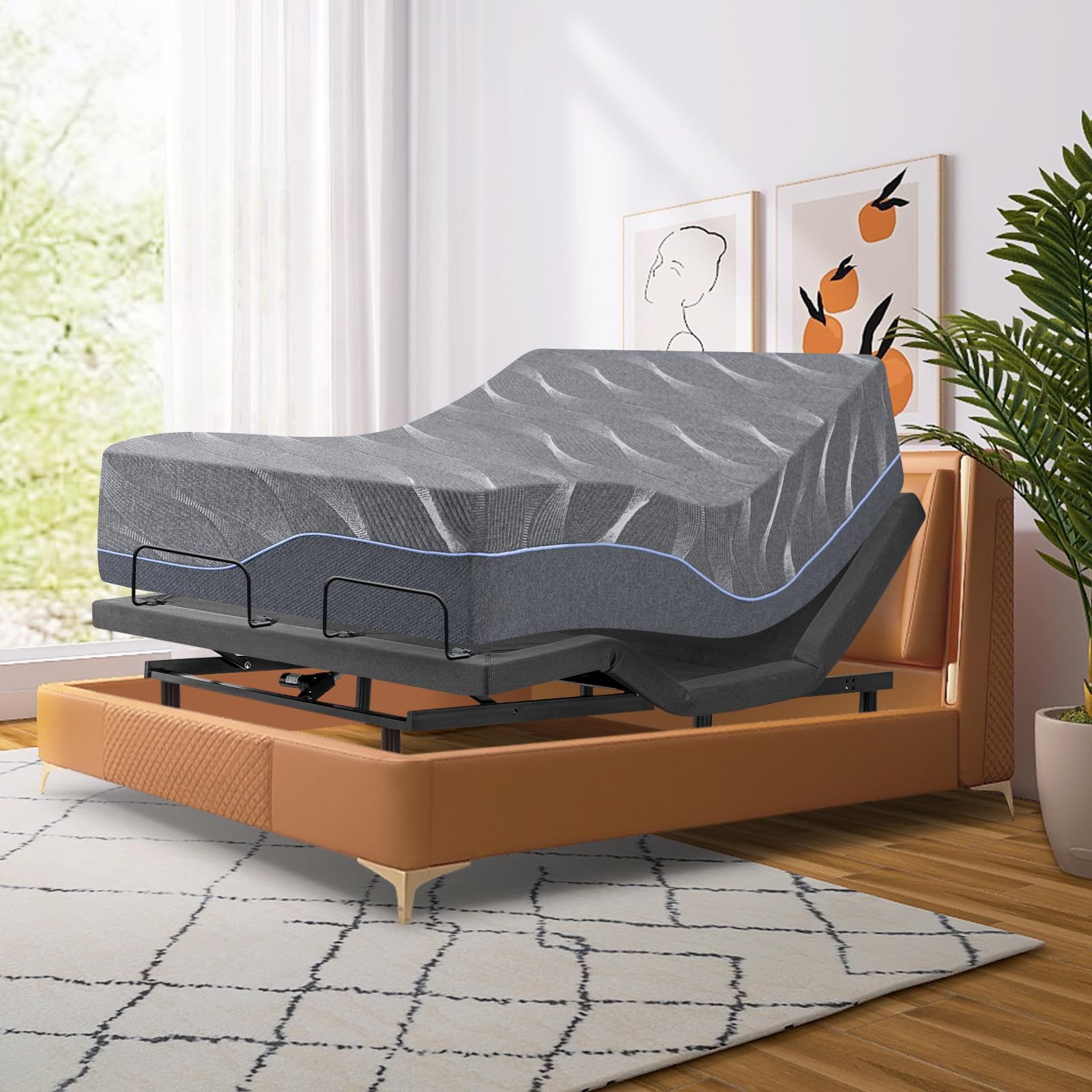 14 Inch Grey Gel Memory Foam Adjustable Smart Bed Base with Mattress - Medium-Firm Queen Size, Massage & Voice Control, Under-Bed Lighting - Perfect for Back Pain Relief, Home Theater & Reading in Bed