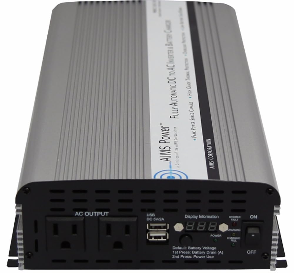 AIMS Power PWRIC150012W 1500W Pure Sine Wave Power Inverter with Battery Charger & Transfer Switch - 3000W Surge Power, Dual AC Outlets, Overload/Temperature Protection for RV, Camping, Off-Grid & Emergency Backup Power