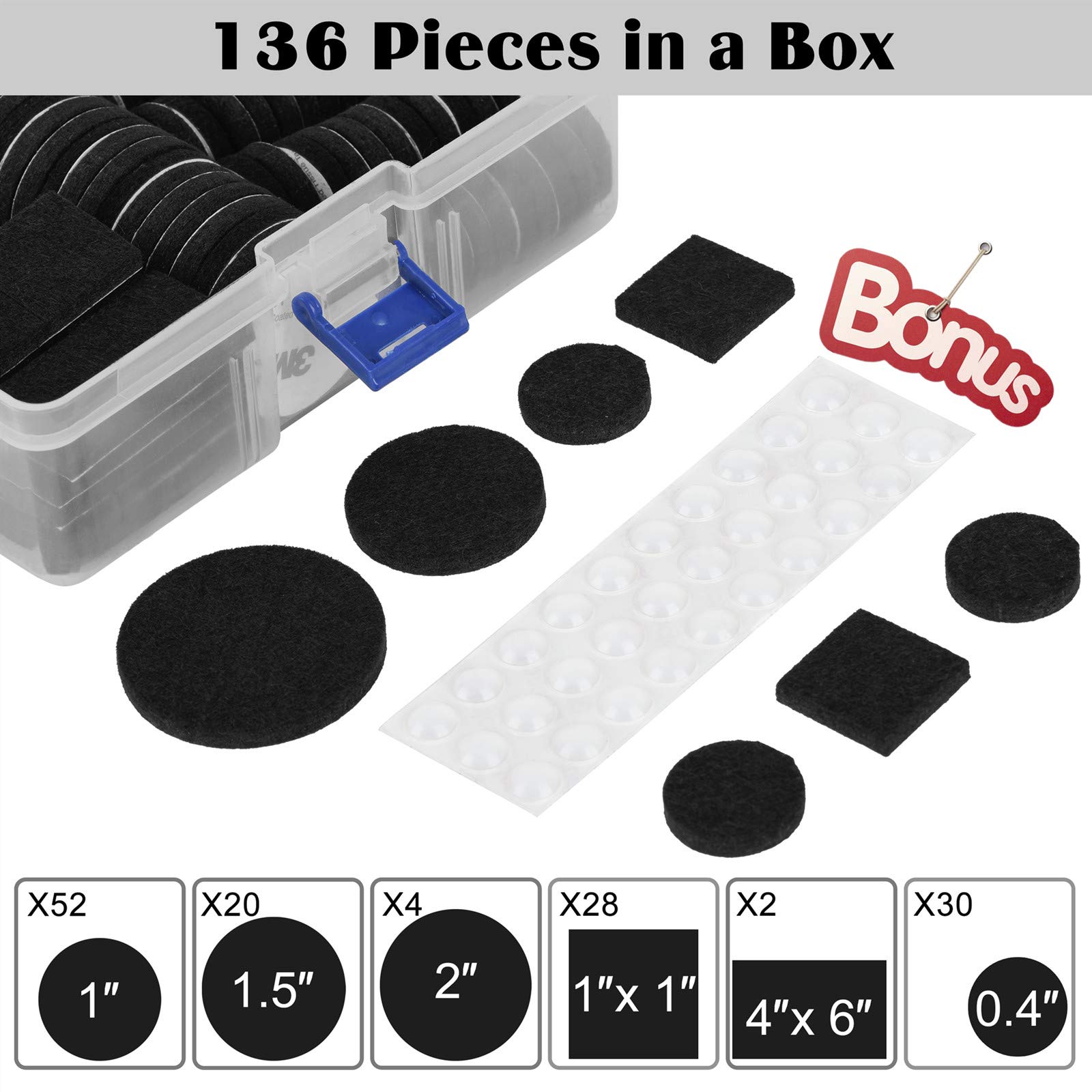 136-Piece Black Felt Furniture Pads (5mm Thick) - Anti-Scratch Floor Protectors for Hardwood Floors - Includes Storage Case - Perfect for Chairs, Tables & Sofas to Prevent Floor Damage