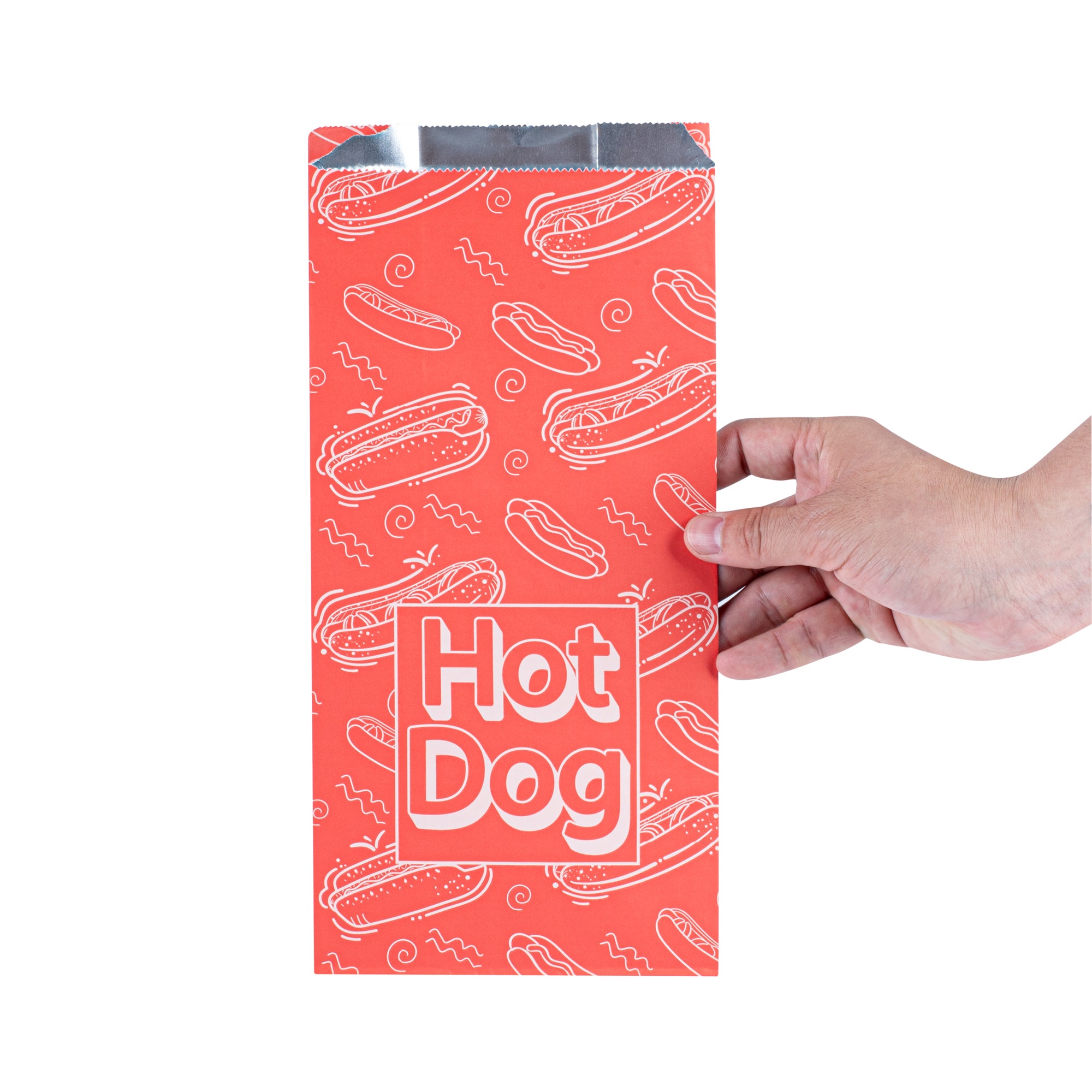 Red Printed Hot Dog Foil Bags - 5.5 x 3.25 x 12 Inches (100 Count) | Food Safe, Grease Resistant | Perfect for Food Trucks, Concessions & Party Catering