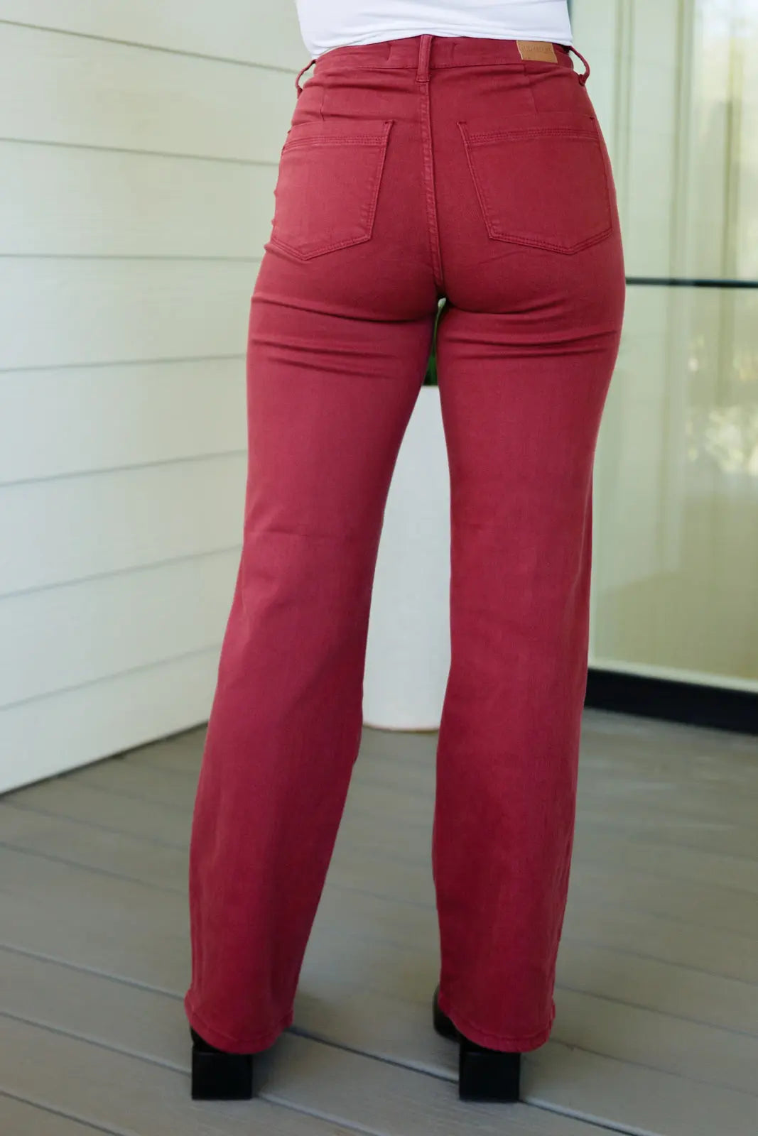 Phoebe High Rise Front Seam Straight Jeans in Burgundy - Women's Slim Fit Stretch Denim Pants for Casual Wear & Everyday Outfits