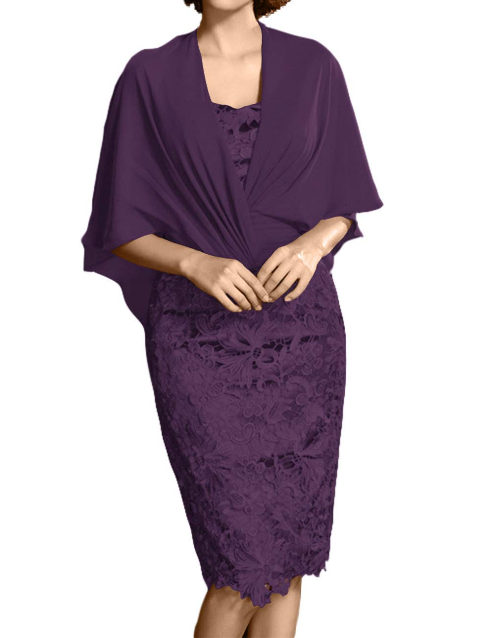 Elegant Lace Mother of The Bride Dress - Short Formal Evening Gown with Chiffon Wrap Shawl | Perfect for Weddings, Cocktail Parties & Special Occasions