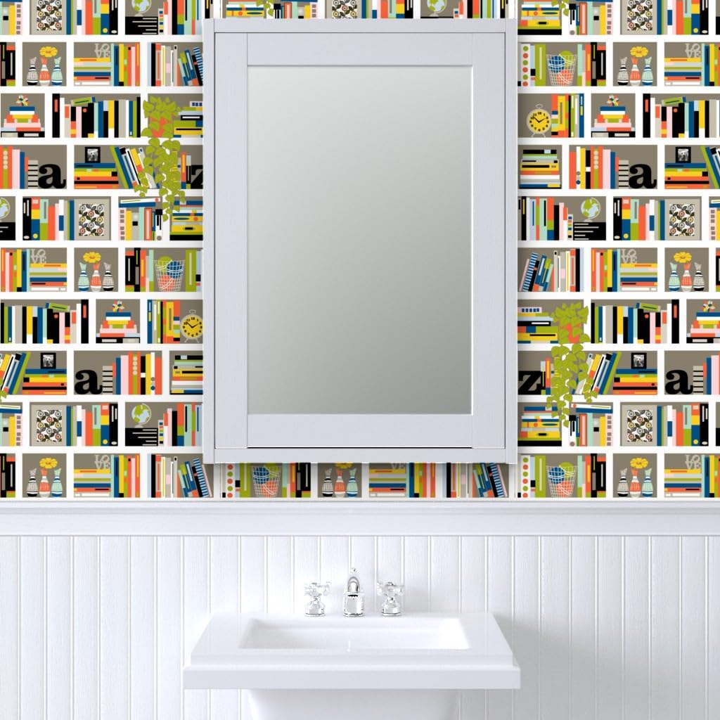 Peel & Stick Removable Wallpaper - 9ft x 2ft Bookshelf Design with Literature Typography & Plant Stripes | Self-Adhesive Wall Decor for Living Room, Bedroom, Office & Study | Easy to Apply & Remove