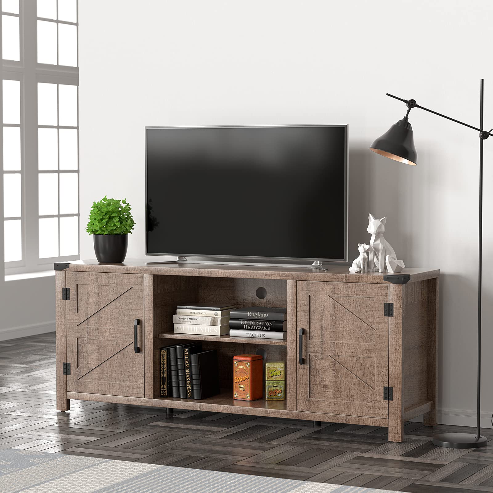 Cozy Castle Farmhouse TV Stand for 65 Inch TV - 59 Inch Entertainment Center with Adjustable Shelves, CARB Certified Board Media Console in Brown Gray - Perfect for Living Room, Home Theater & Farmhouse Decor