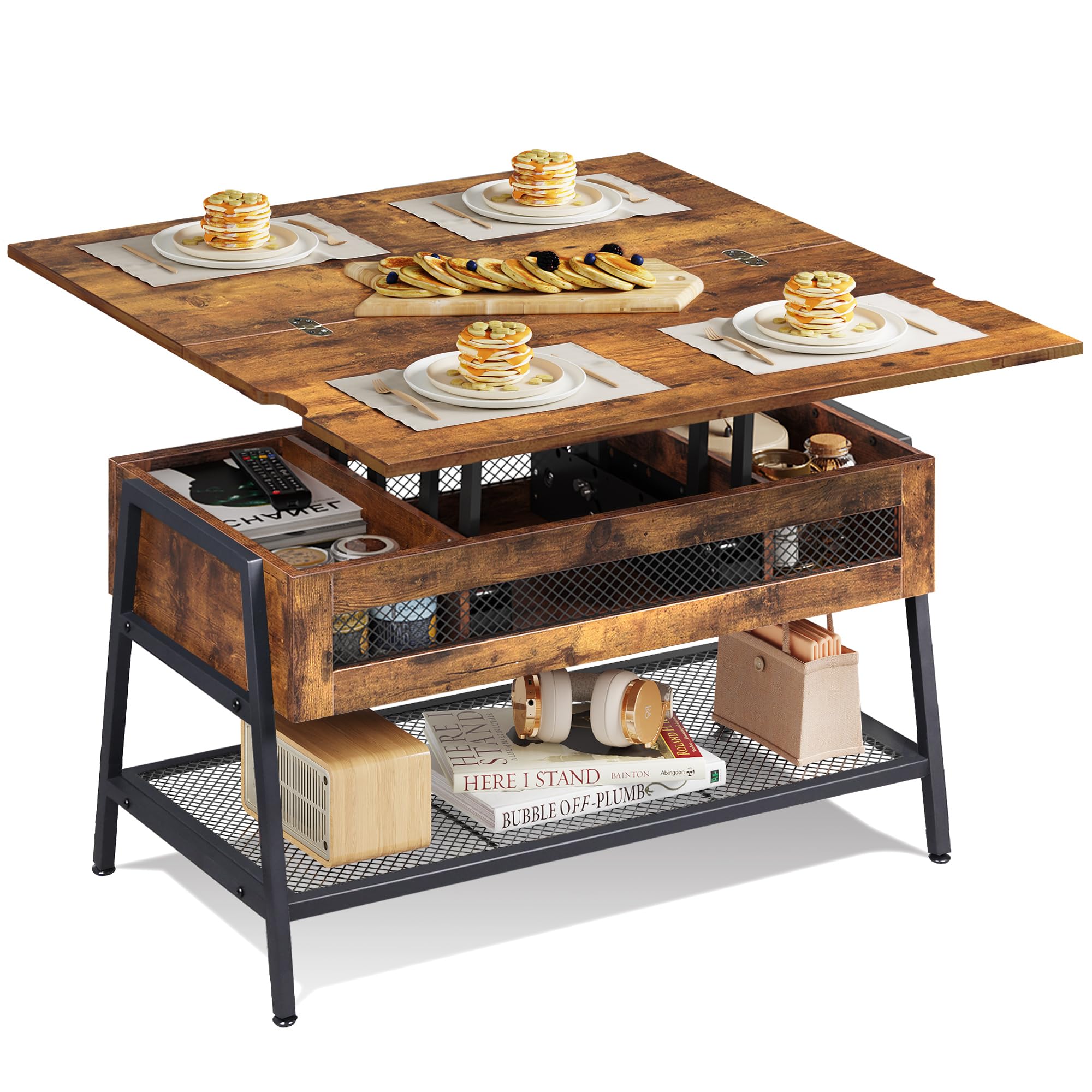 WLIVE Lift Top Coffee Table - 3-in-1 Convertible Coffee Table with Hidden Storage | Rustic Brown Multi-Functional Table Transforms to Dining Table | Perfect for Small Spaces, Living Rooms & Home Offices