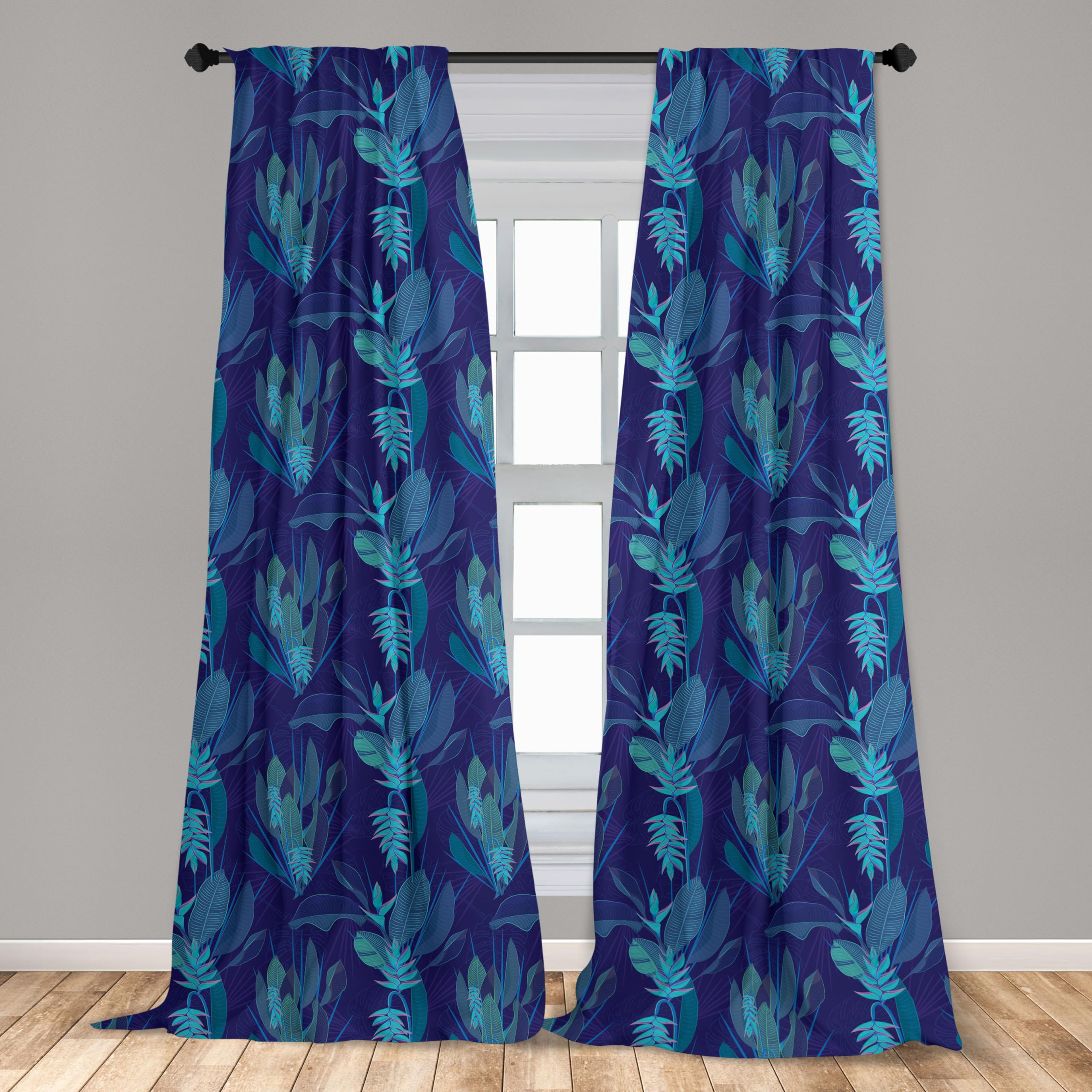 Ambesonne Tropical Floral Window Curtains - Blue & Pink Exotic Flower Design with Leaves, Lightweight 2-Panel Set (28