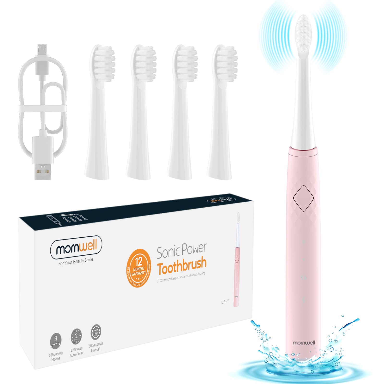 Mornwell Sonic Electric Toothbrush T27 - Rechargeable Toothbrush with 4 DuPont Brush Heads, Ultra Sonic Motor, 3 Cleaning Modes & Smart Timer - Perfect for Teens and Adults - Ideal for Travel, Home Use and Daily Oral Care