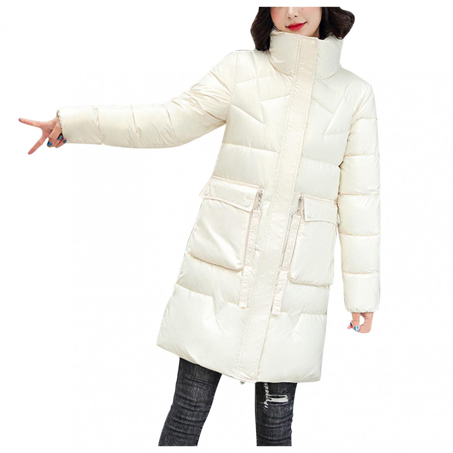 JINF Women's Faux Fur Coat - Warm Cotton Padded Jacket with Stand Collar, Slim Fit Winter Parka for Women | Cozy Outerwear for Casual Outings, Office Wear & Cold Weather Fashion
