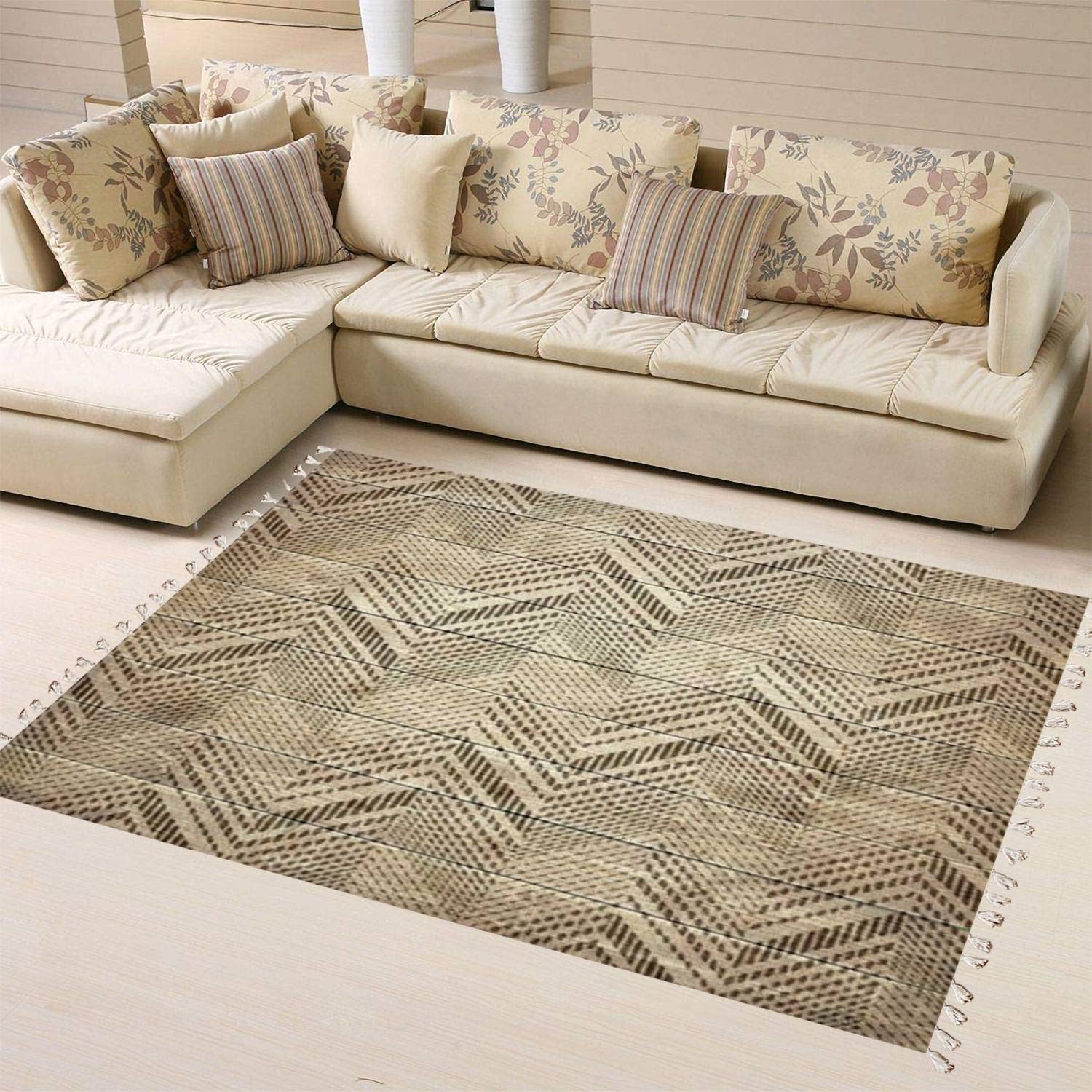 Boho Monochrome Herringbone Halftone Textured Area Rug - Linen Seamless Carpet for Patio, Hallway Runner & Home Decor | Perfect for Living Room, Bedroom & Outdoor Spaces