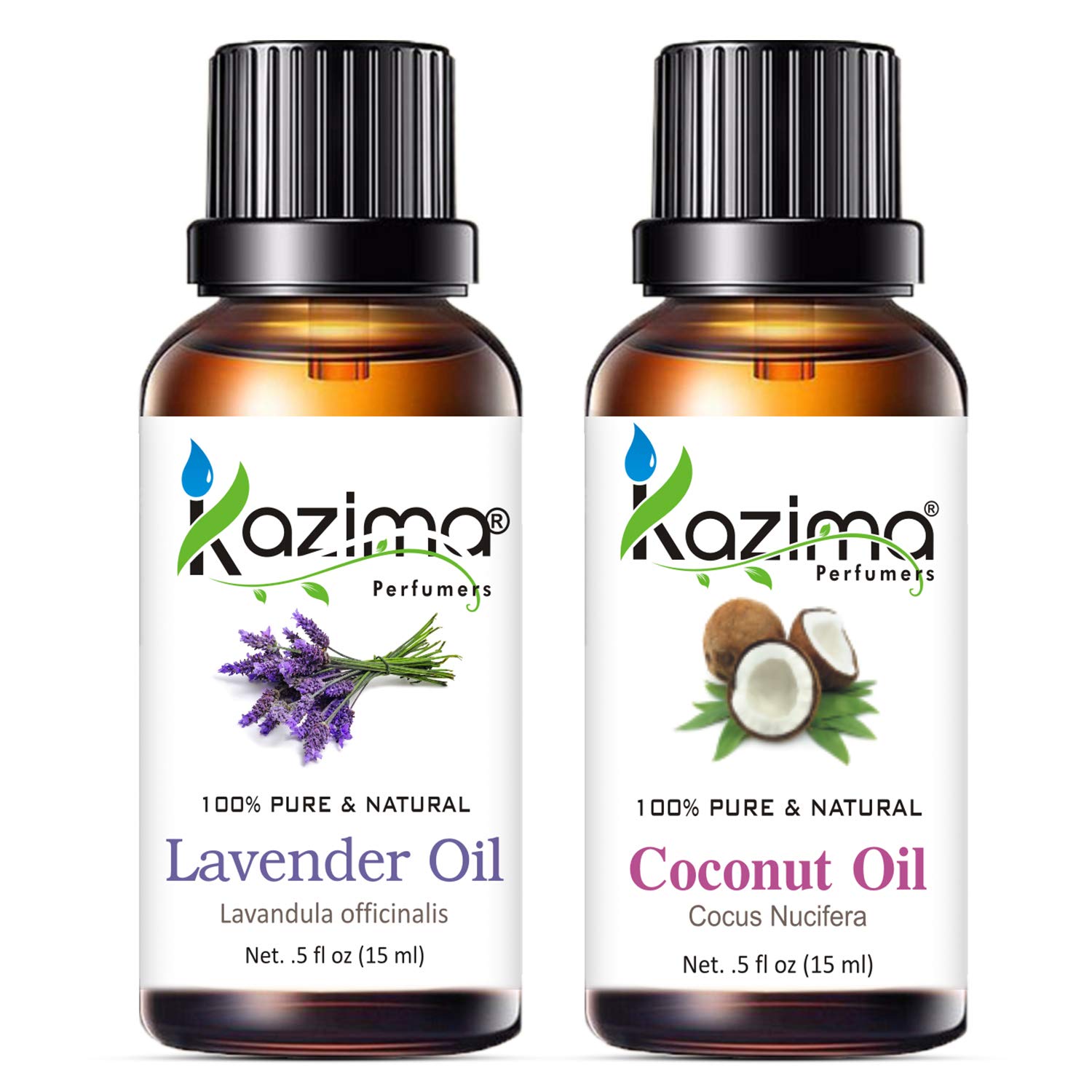 KAZIMA Lavender Essential Oil & Coconut Carrier Oil Set - 100% Pure Natural Oils for Acne, Skin Care, Hair Growth, Aromatherapy (15ml Each) | Perfect for DIY Beauty, Massage & Relaxation at Home