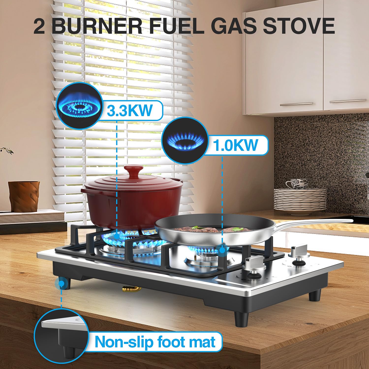 ANHANE 12 Inch 2 Burner Gas Cooktop - Portable Stainless Steel LPG/NG Dual Fuel Built-in Stove for RV, Apartment, Camping & Outdoor Cooking | Perfect for Small Kitchens, Tailgating & Emergency Preparedness