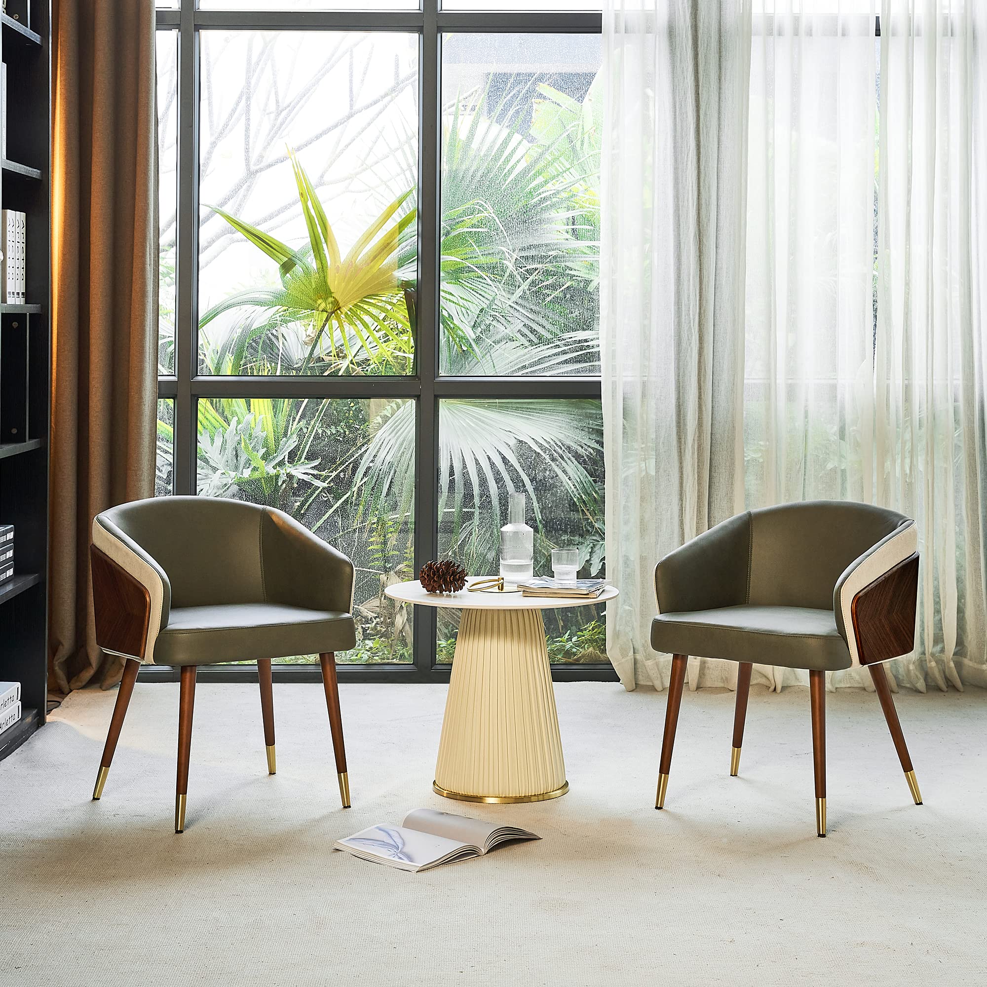 ARTPLAN Mid Century Modern Dining Chair - Faux Leather & Walnut Upholstery, Retro Accent Armchair with Metal Legs - Adjustable & Easy Assembly - Perfect for Kitchen, Dining Room & Home Office (Army Green)