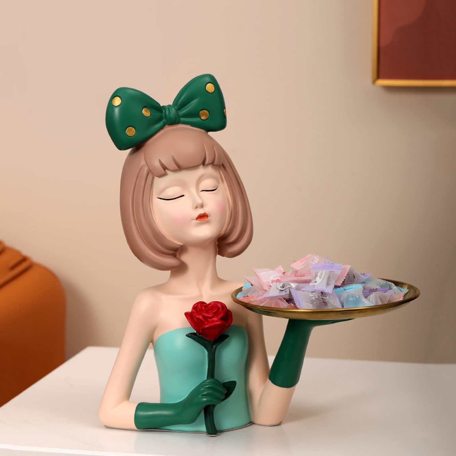 Cute Green Resin Girl Sculpture Storage Box with Tray - Modern Home & Office Desk Decor for Jewelry, Keys, Candy Organization | Creative Gift Idea for Women & Girls