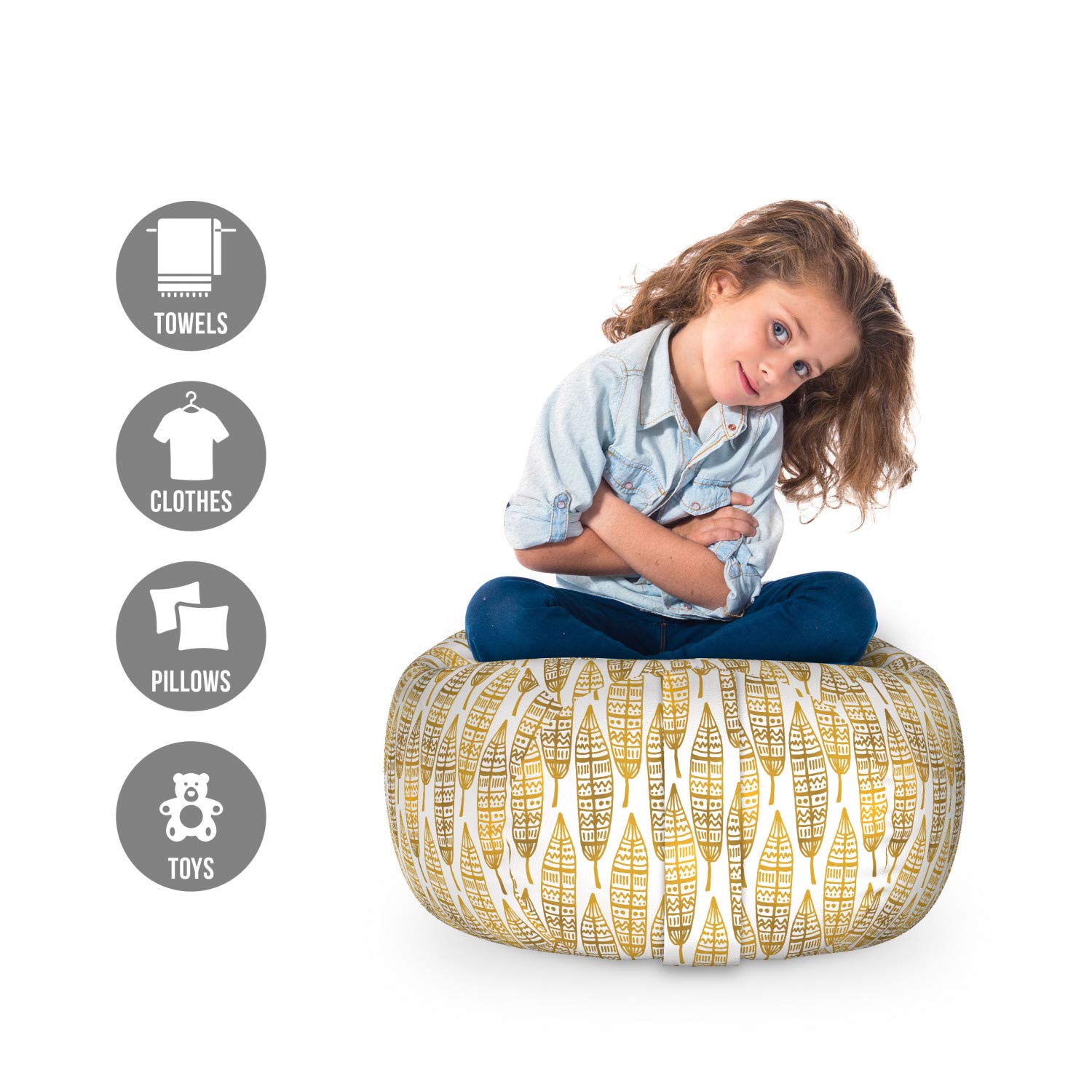 Ambesonne Feather Storage Toy Bag Chair - Boho Artwork Print Stuffed Animal Organizer, Washable Small Size in Amber Marigold & White | Kids Room Decor, Nursery Storage, Playroom Organization