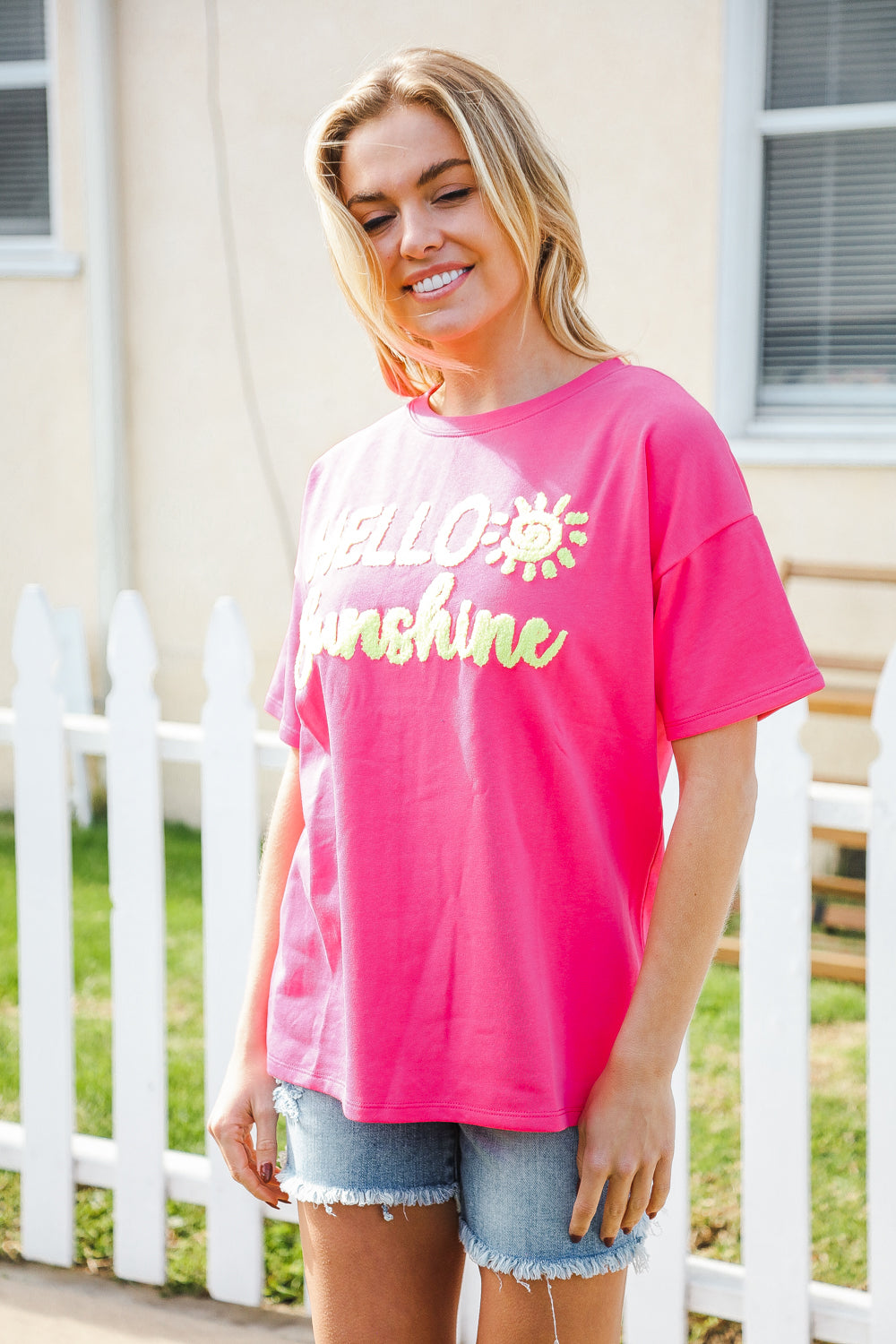 Hello Sunshine Pink and Yellow Embroidered French Terry Pullover Sweatshirt - Cozy Casual Wear for Women