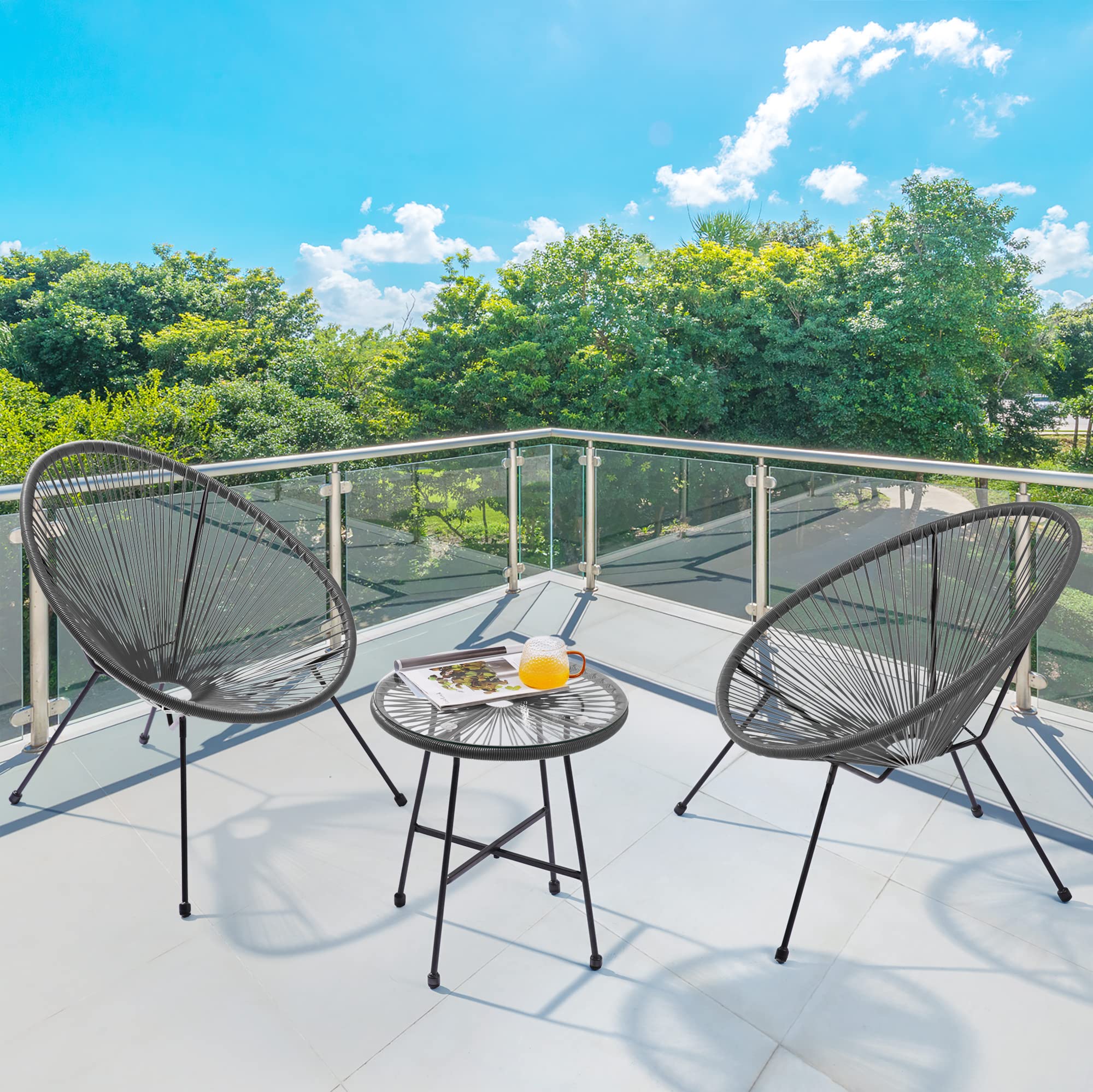 3-Piece Patio Furniture Set - Acapulco Chair with Glass Top Table & 2 Chairs - Indoor/Outdoor Seating Set in Grey - Perfect for Backyard, Garden, Poolside & Balcony Relaxation